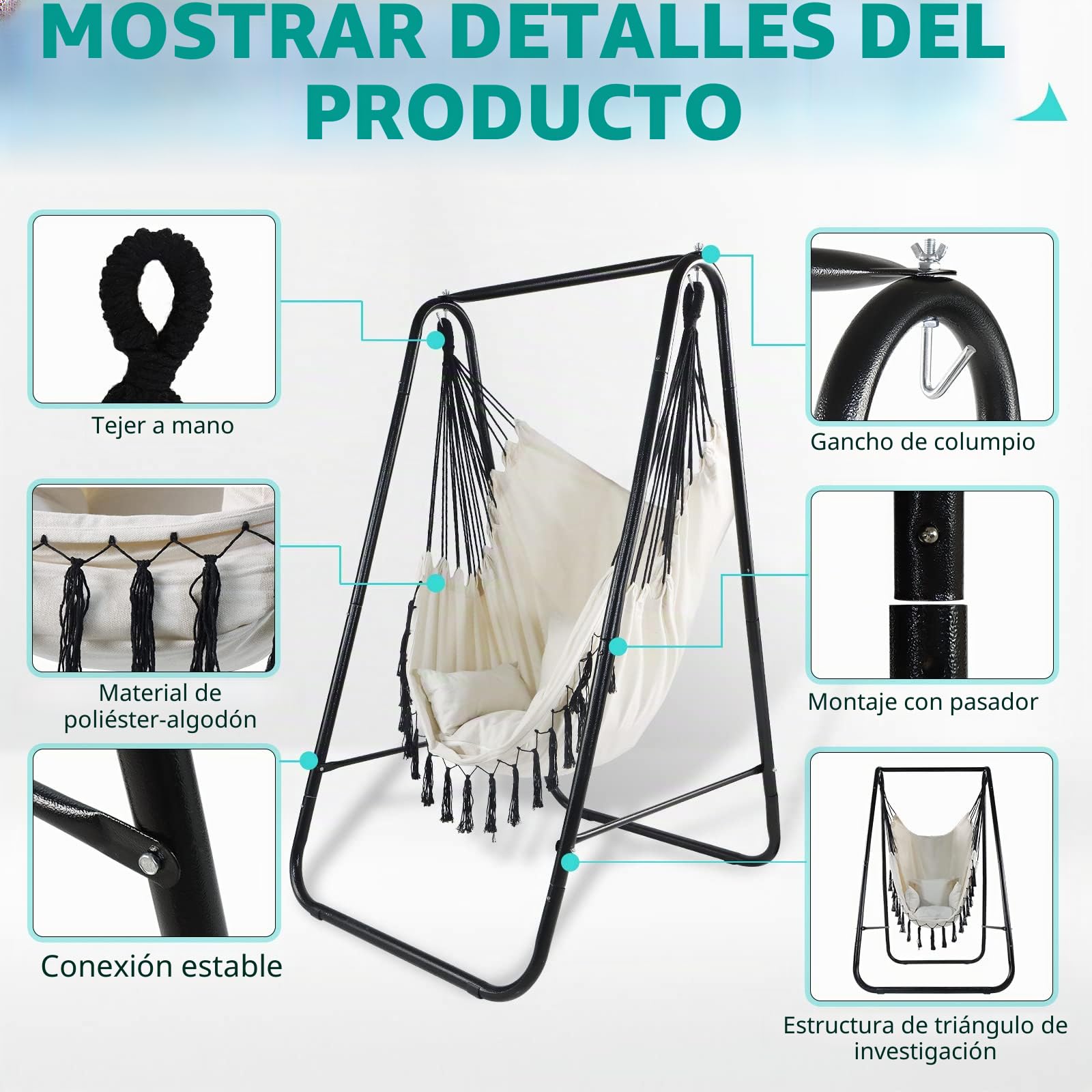 CCLIFE Silla Hamaca Colgante con Soporte, Columpio con Conjines, Carga Máxima 100 kg, para Interior y Exterior Beige