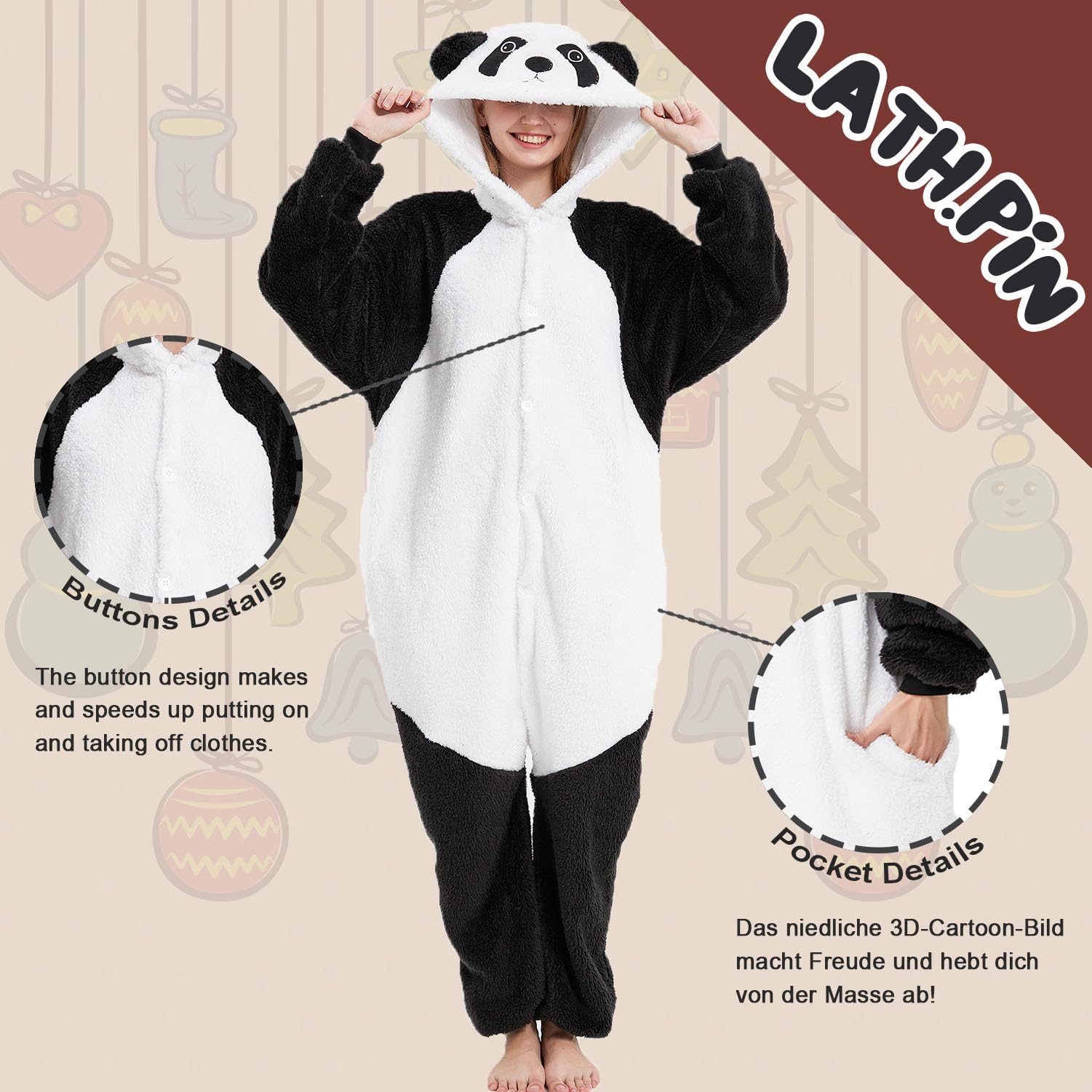 LATH.PIN Pyjama panda, unisexe, pour adulte, pour cosplay, Halloween, carnaval, costume d'animaux, pour l'hiver