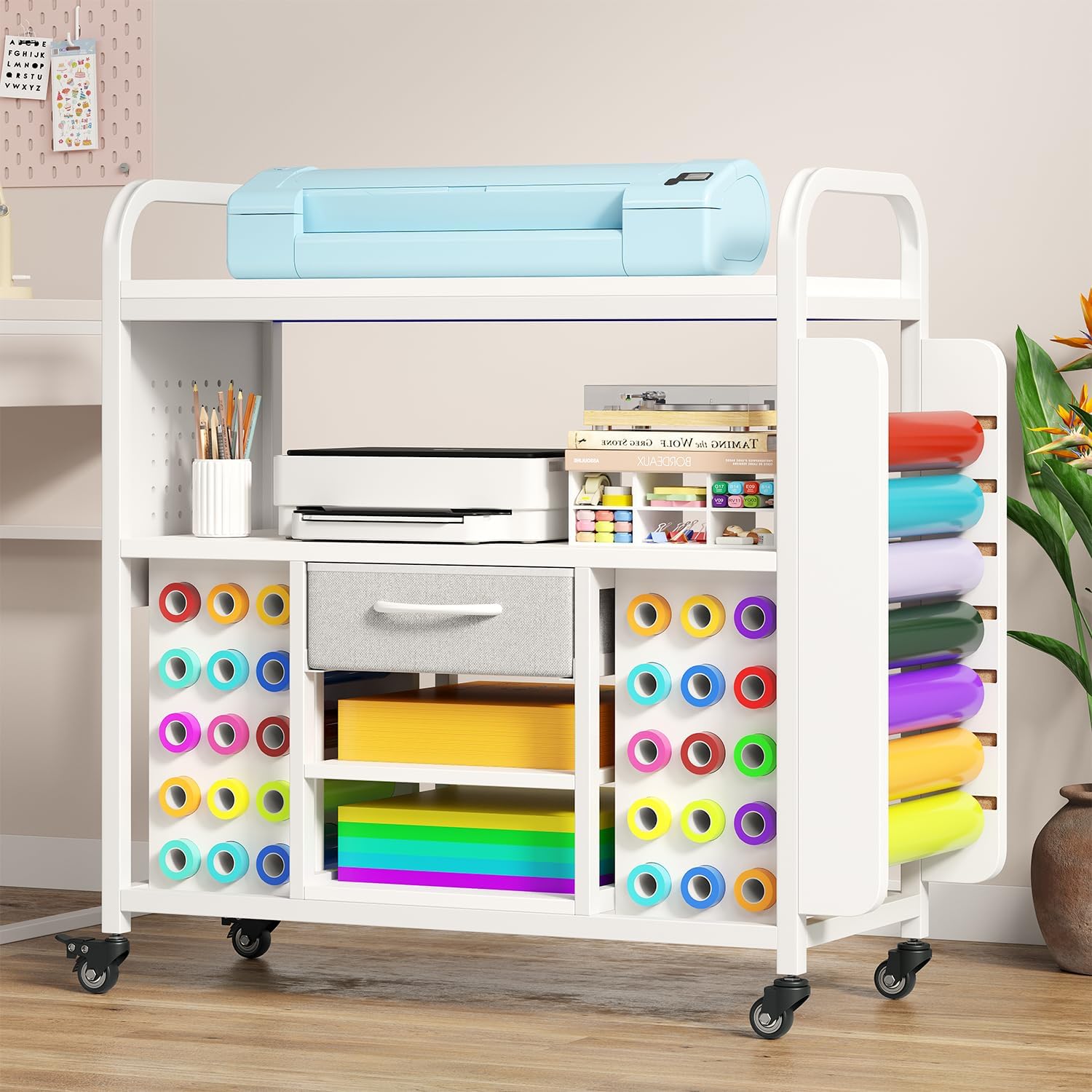 Craft Organization and Storage Cart with Wheels, Vinyl Roll Holder & Hook Up, Large Rolling Craft Table with Storage Drawer, Organizer Crafting Cabinet Cutting Stand Compatible for Cricut Machines