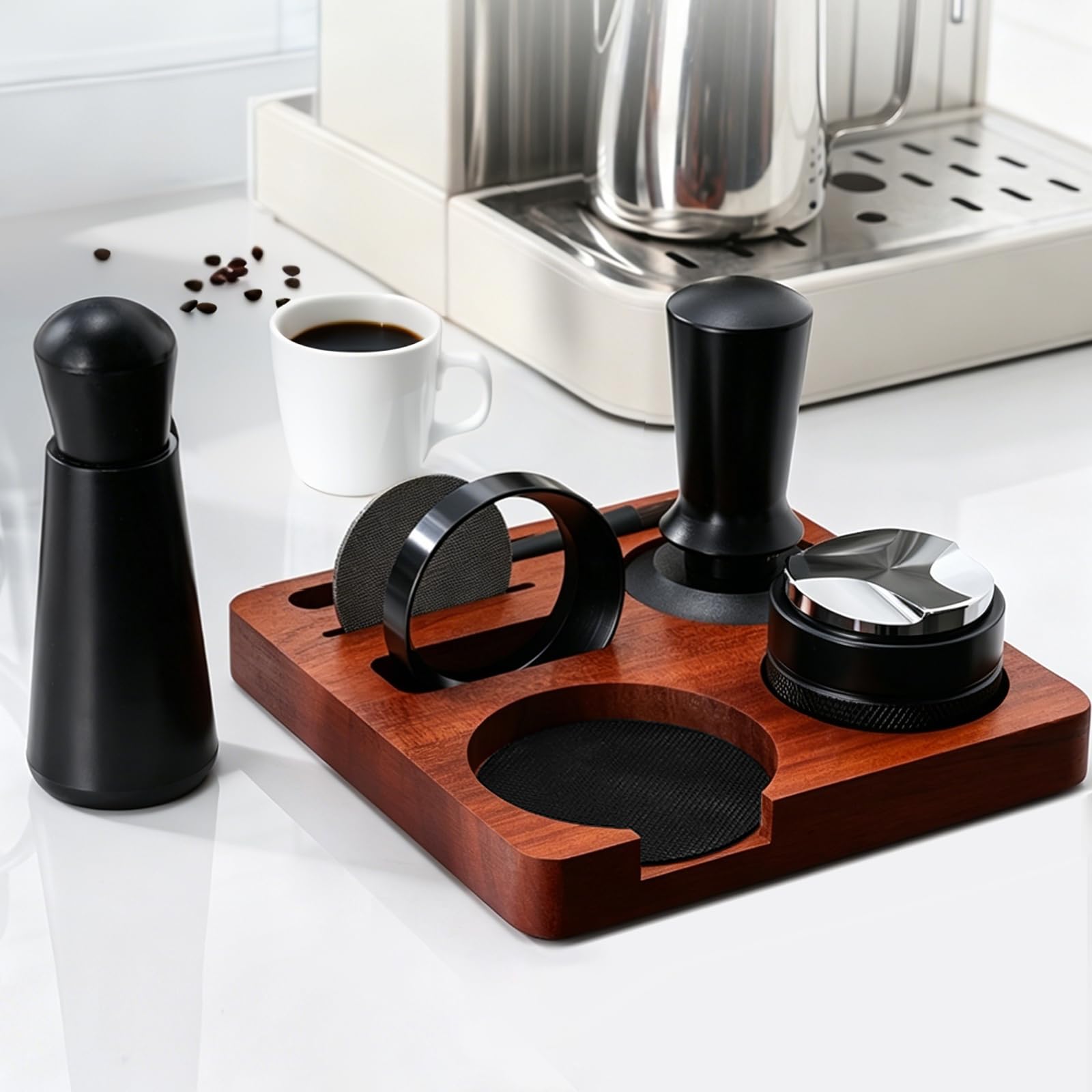 Espresso Zubehör Set 7tlg. – WDT Tool, Tamper, Distributor, Dosierring & Tamperstation | Barista Set aus Edelstahl für Siebträgermaschinen | Schritt-für-Schritt Zubehör für Café (58mm)