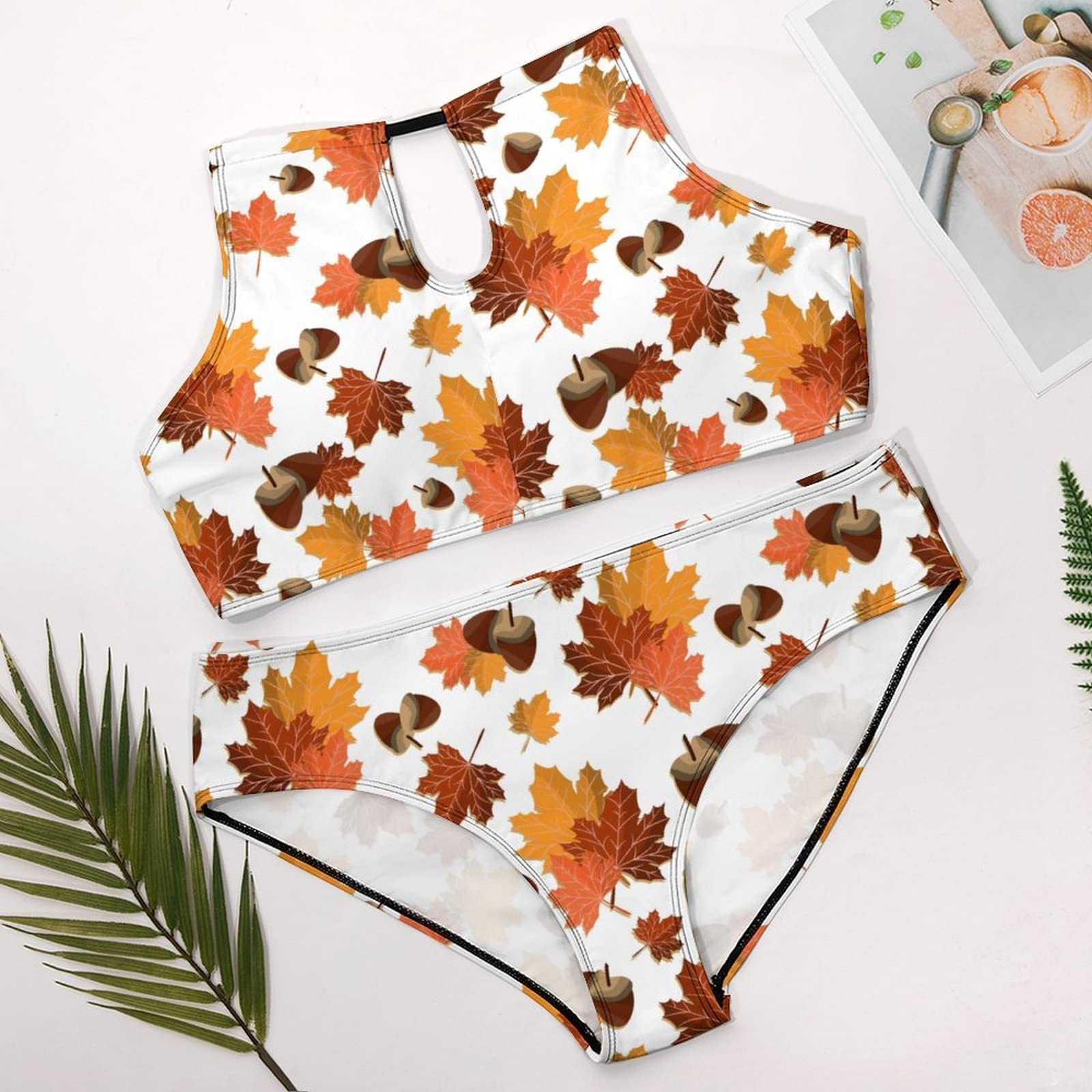 SEPTYK Fall Harvest Autumn Seasonal Leaf Nut Pattern Women Sexy Bikini 2 PC Plus Size Swimsuits High Neck Bathing Suit XL