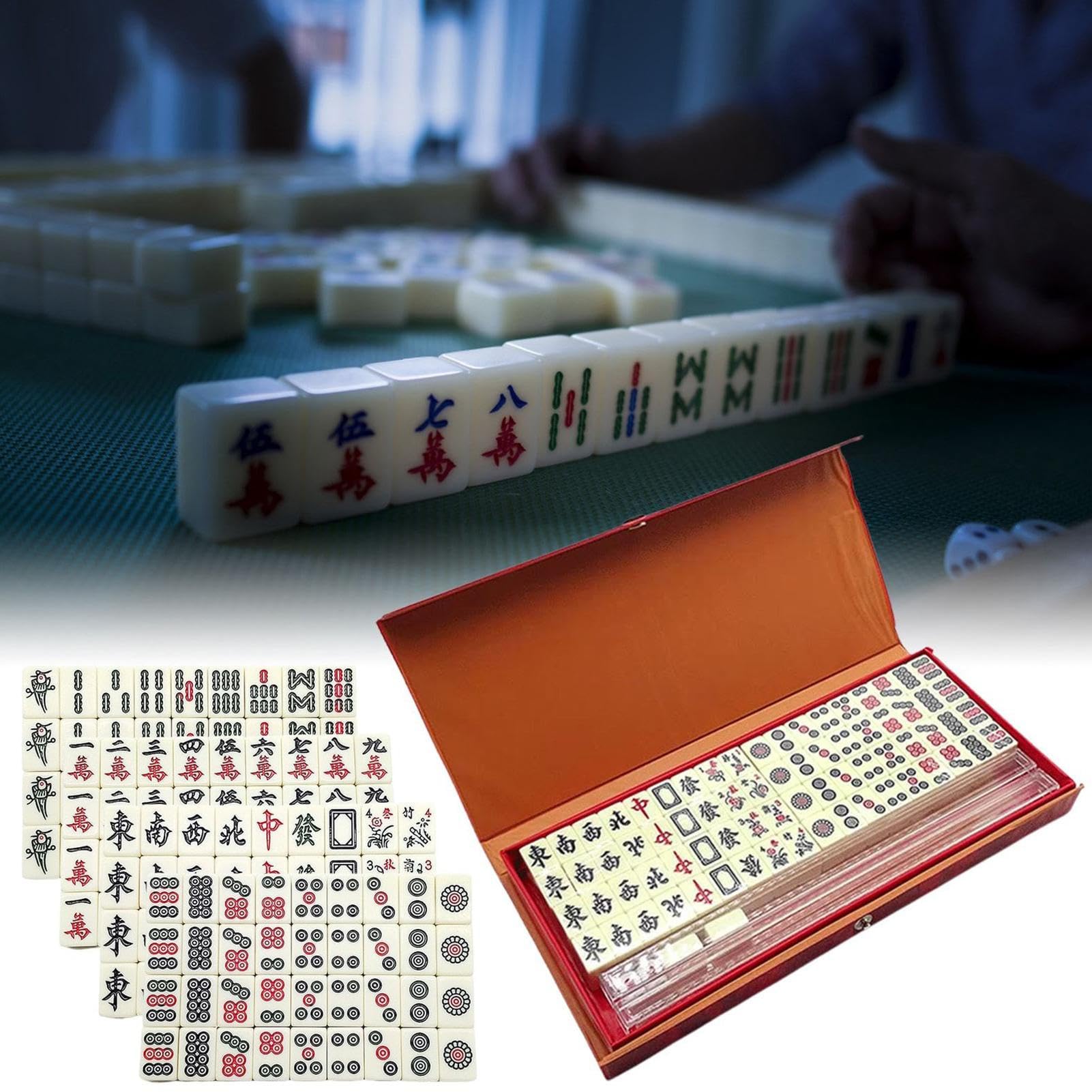 Genérico Set Completo De Fichas De Mahjong 144 Piezas | Juego De Mahjong Chino Tradicional con 2 Cartas De Repuesto Y 2 Dados | Mahjongs Portátil para Viajes Reuniones Familiares Jugadores Adultos