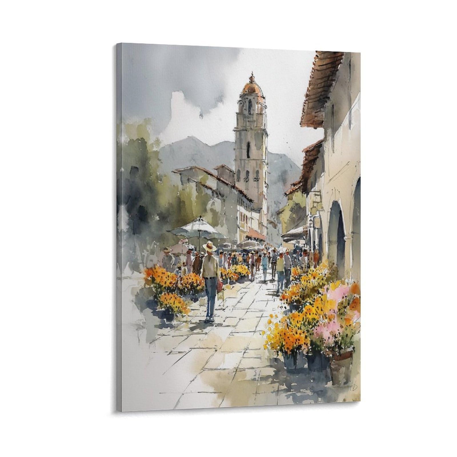 Cnaheiz Frame-Style Puerto Rico Flower Market Watercolor Painting Botanical Wall Art Poster 20X30inch(50X75cm) Vintage Watercolor Canvas Art