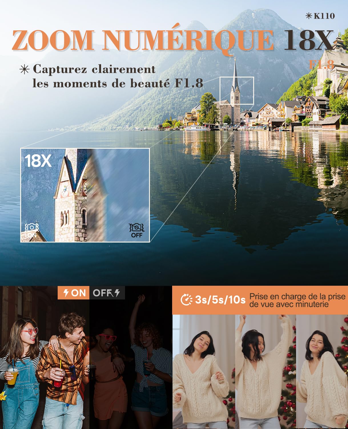 Appareil Photo numérique 5K, 64MP caméra de vlogging, WiFi caméra de vlogging Youtube contrôlée par et Application, 18X Appareil Photo Compact avec Carte TF 32 Go, objectifs Grand-Angle et Macro