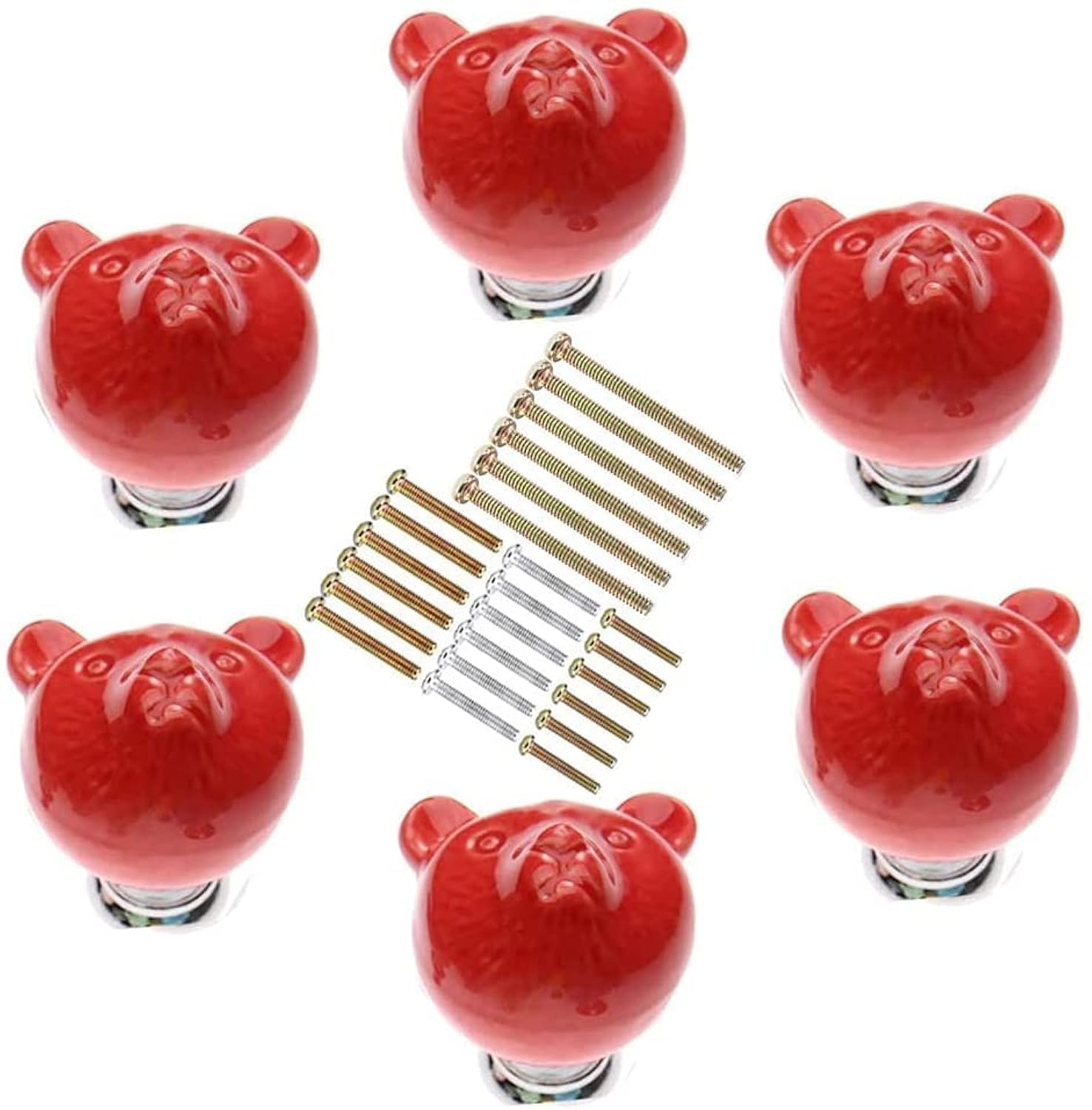 MayGreeny Cute Bear Ceramic Knobs 6Pcs Drawer Handles DIY Cabinet Pulls Dresser Closet Wardrobe Kids Cupboard Door Kitchen Furniture Decoration with Mounting Screws (Red)