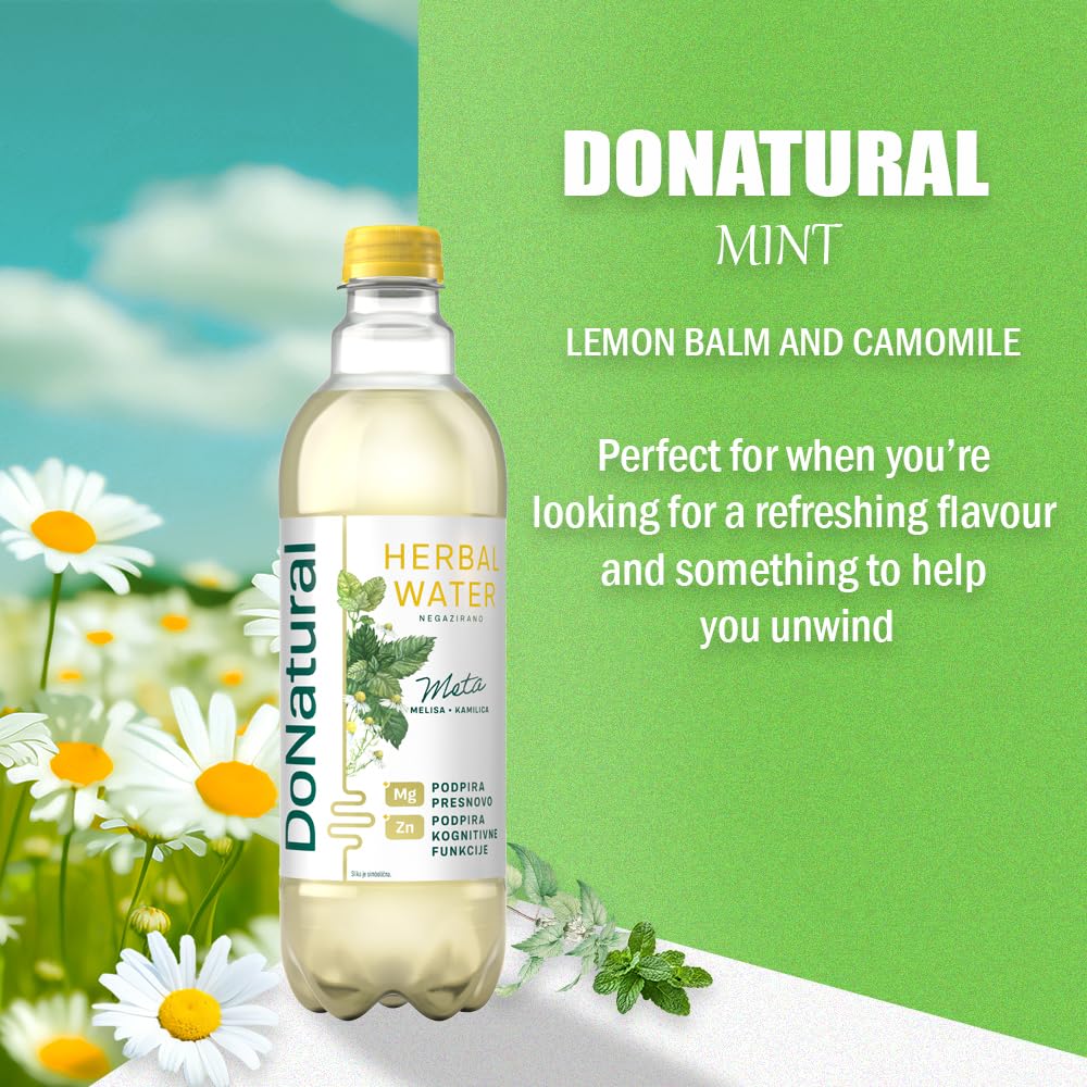 Agua de Hierbas DoNatural – Menta con Melisa y Manzanilla, 500 ml – Bebida relajante baja en calorías con magnesio y zinc, agua vegana natural infusionada