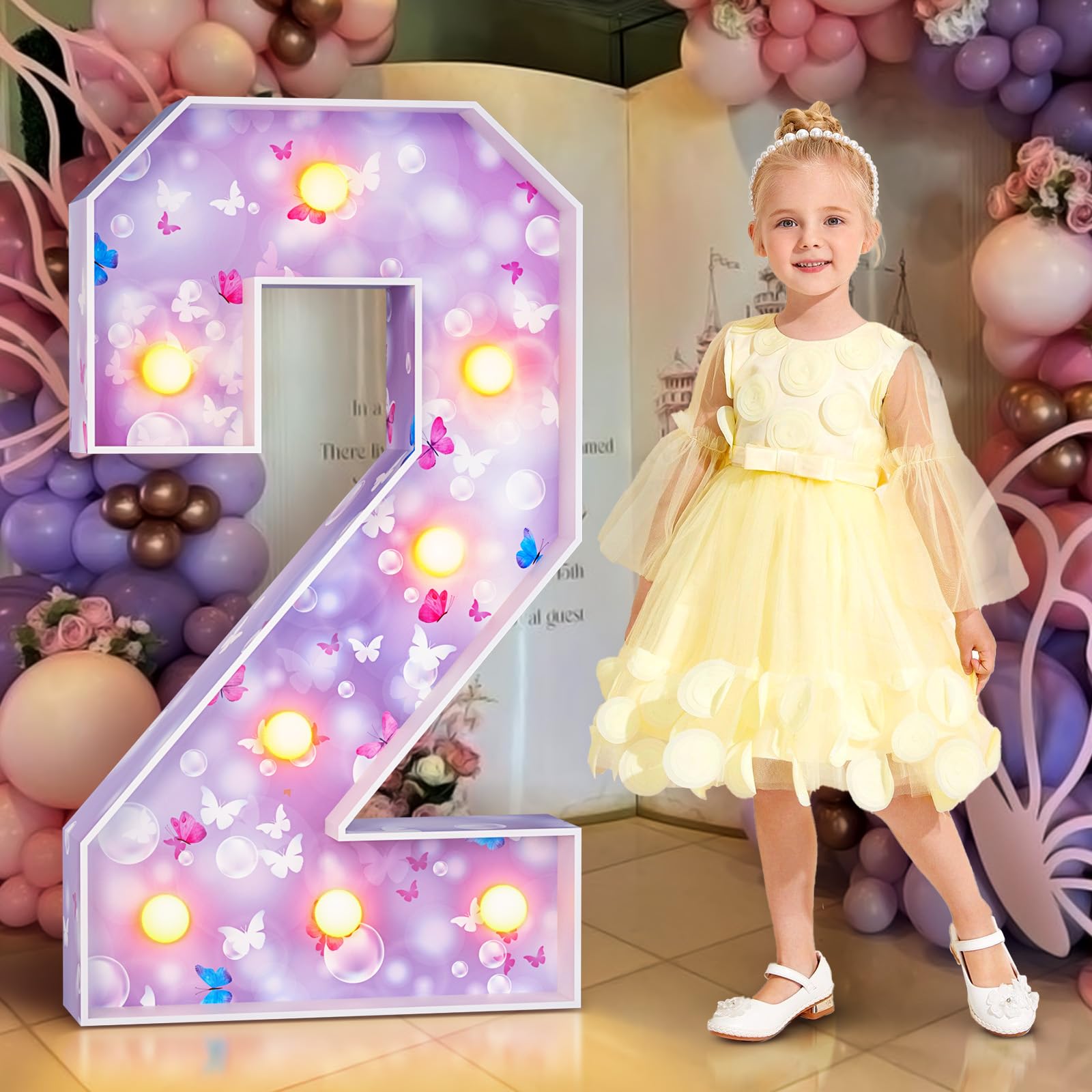 imprsv Marquee Numbers Butterfly 2nd-Birthday Decorations: 3ft Large Light Up Number 2 Purple Two Year Old Party Decoration Second Birthday Party