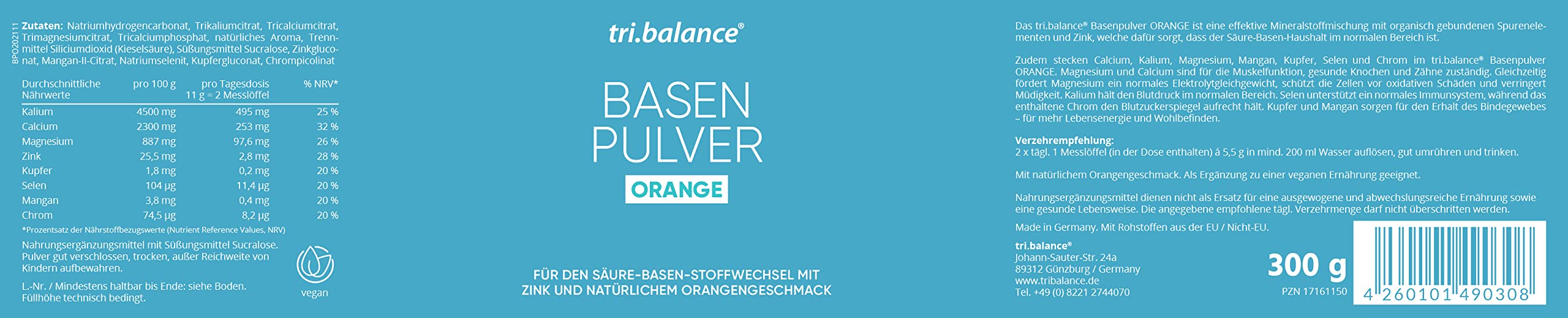 tri.balance Basenpulver ORANGE 4er-Pack 1200 g – Orangengeschmack, vegan | Mit Zink für den normalen Säure-Basen-Stoffwechsel, natürlicher Orangengeschmack, vegan, ca. 216 Portionen