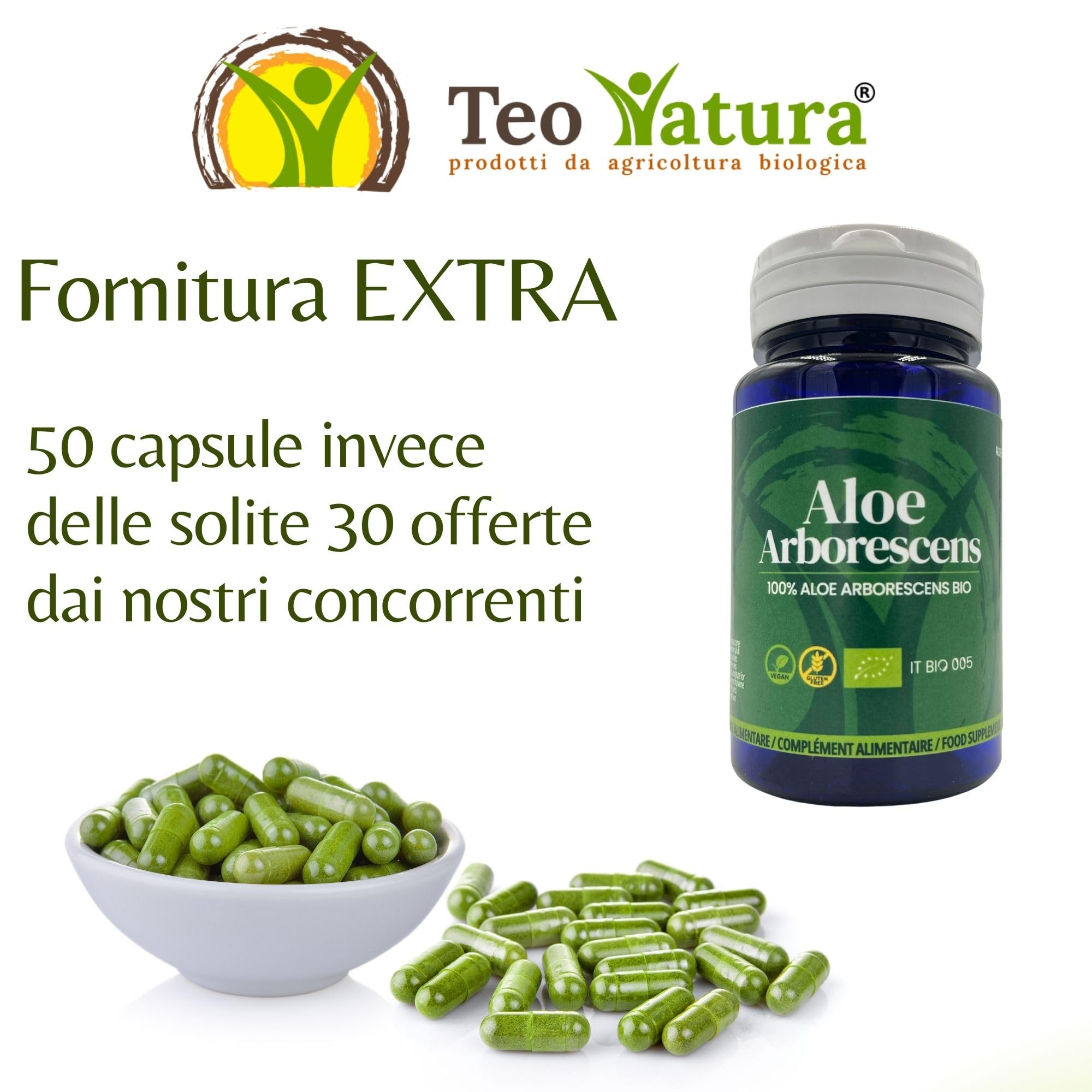 TeoNatura Integratore Alimentare di Aloe Arborescens - 100% Biologico Made in Italy - 50 Capsule