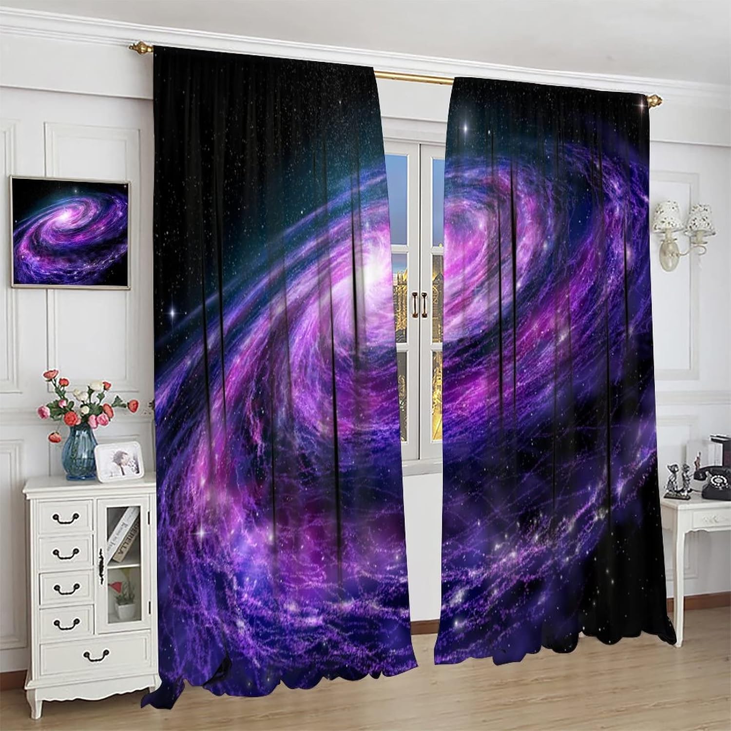 Outer Space Blackout Curtains Fantasy Starry Sky Galaxy Purple Art Print for Kids Bedroom Living Room Kitchen Decor Rod Pocket Window Drapes 2 Panels 42x63in