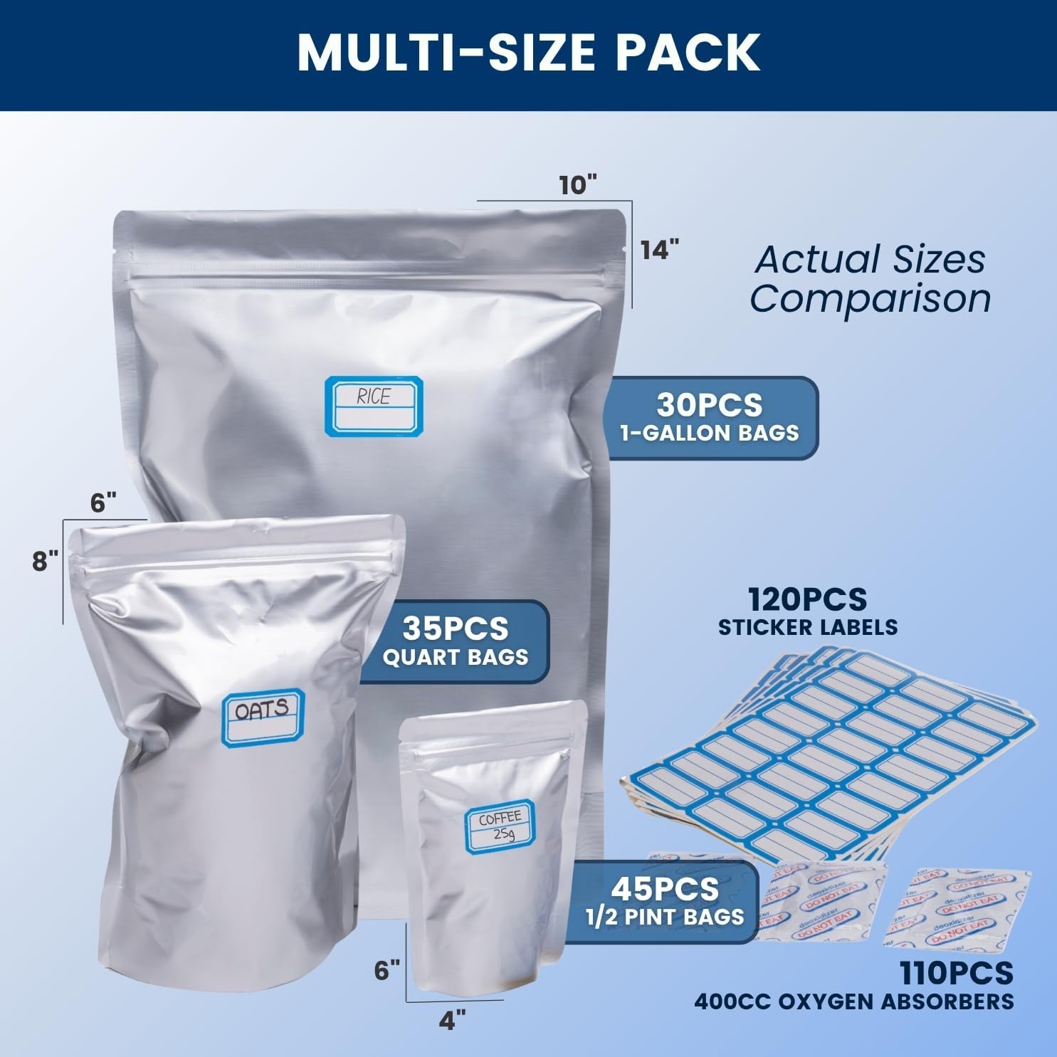 110 Pack Mylar Bags with Oxygen Absorbers - 10Mil Thick Mylar Bags For Food Storage and 400cc Oxygen Absorber, Variety Large Gallon, Quart, 1/2 Pint, Heat & Vacuum Zip Seal Food Bag