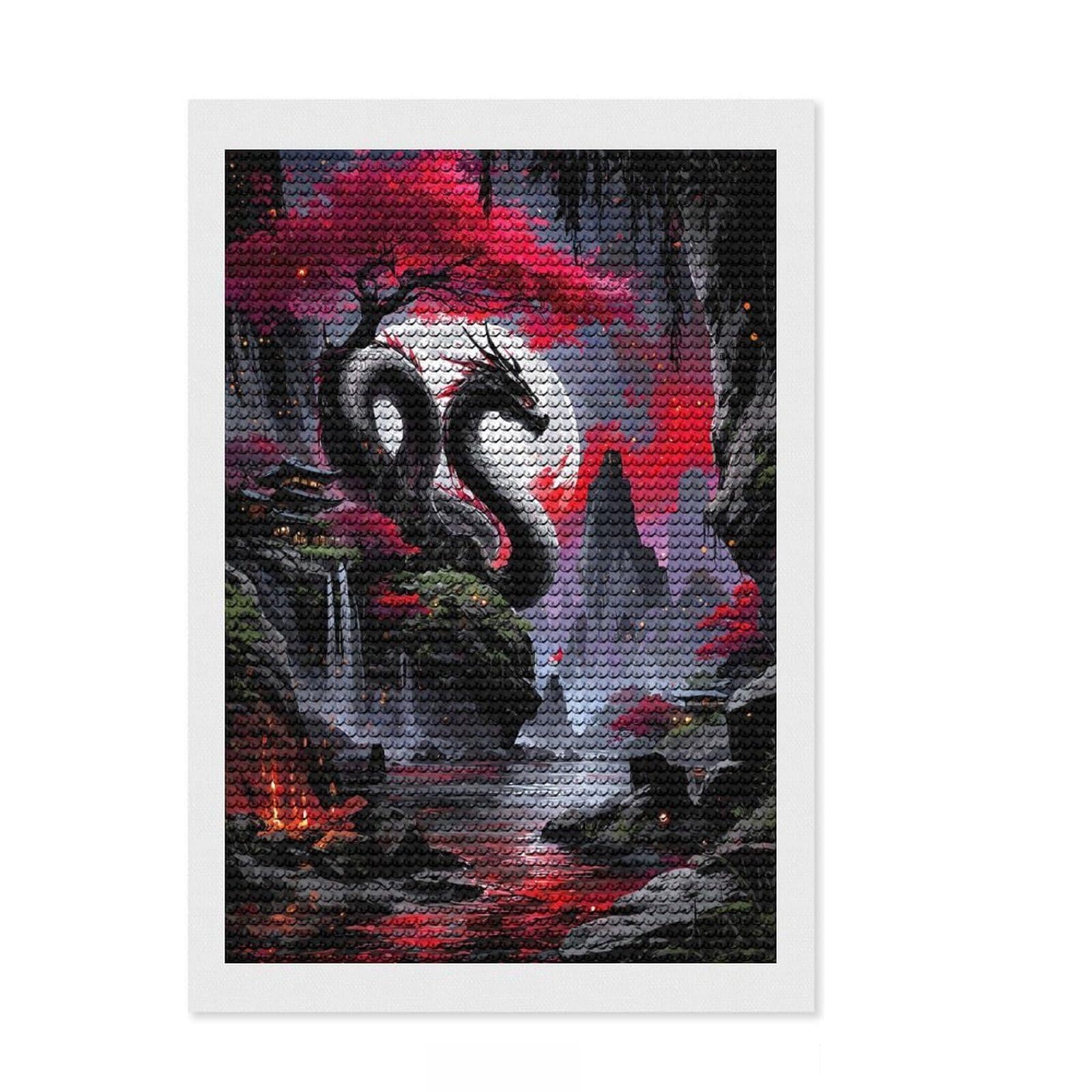 Junmoney Dragon and Moon in Asian Landscape Diamond Art Canvas 8"x12", Sparkling Round Gems, Neat Printed Canvas, with Tool Kit, Office Decor, Printed Canvas
