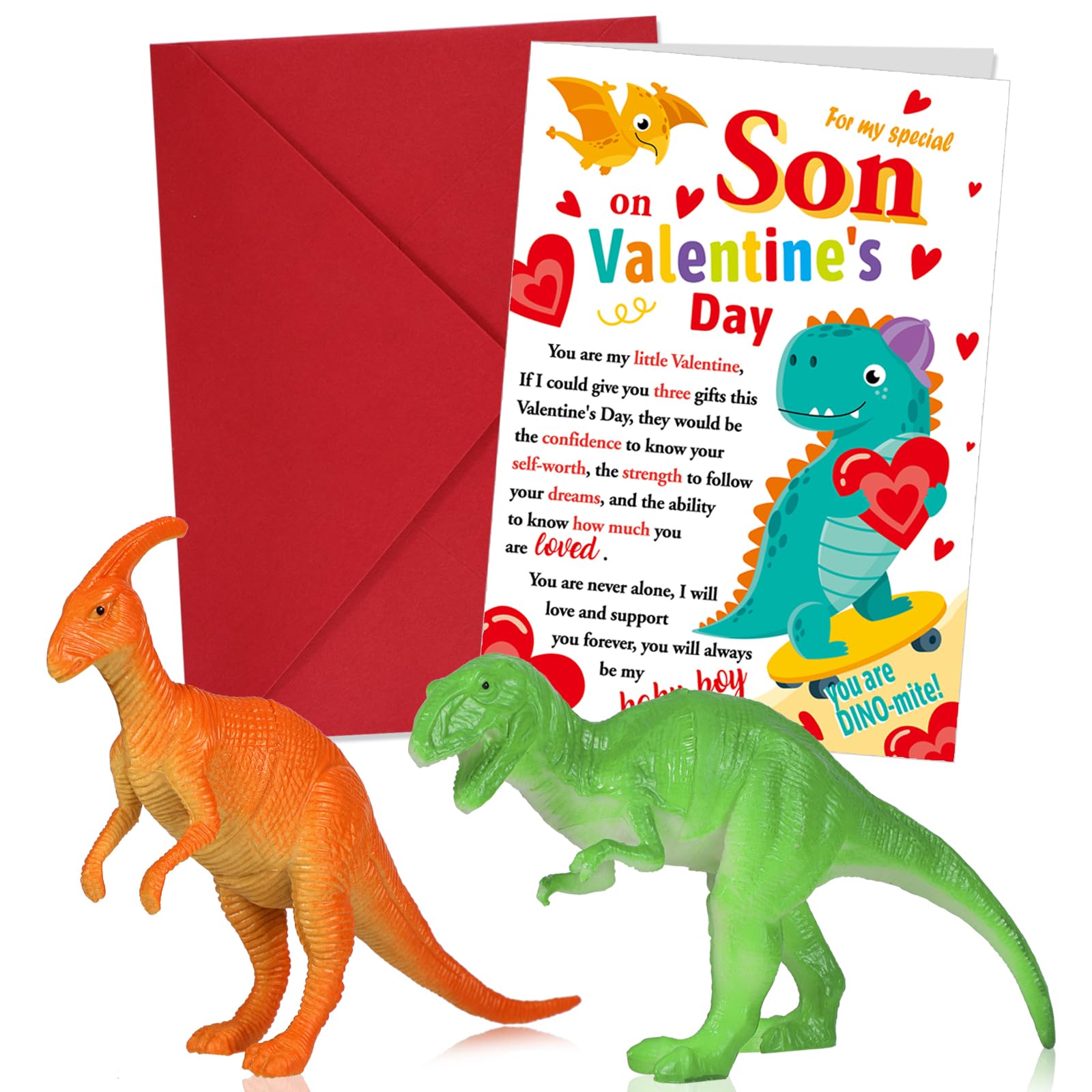 HOWAF Valentines Card for Son Valentine's Day Card for Son Valentines Card for Son Valentines Day Card with 2 Dinosaur Toys for Boys Dinosaur Gifts Dinosaur Valentines Gifts for Son