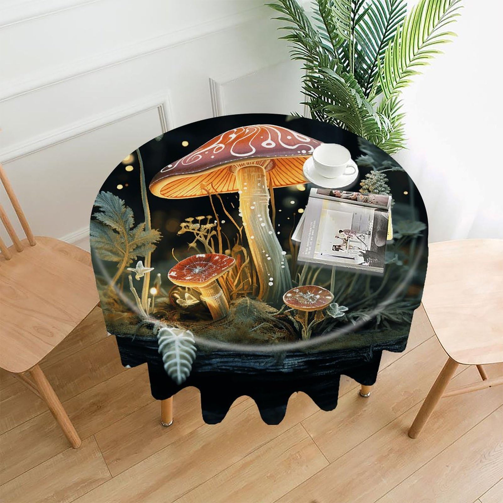 VstaDank Butterfly Mushroom Tablecloth Easy to Clean Polyester Round Table Cover Washable Round Table Cloth Wrinkle-Free Circle Decoration Tablecloth for Kitchen Dining Room 60"