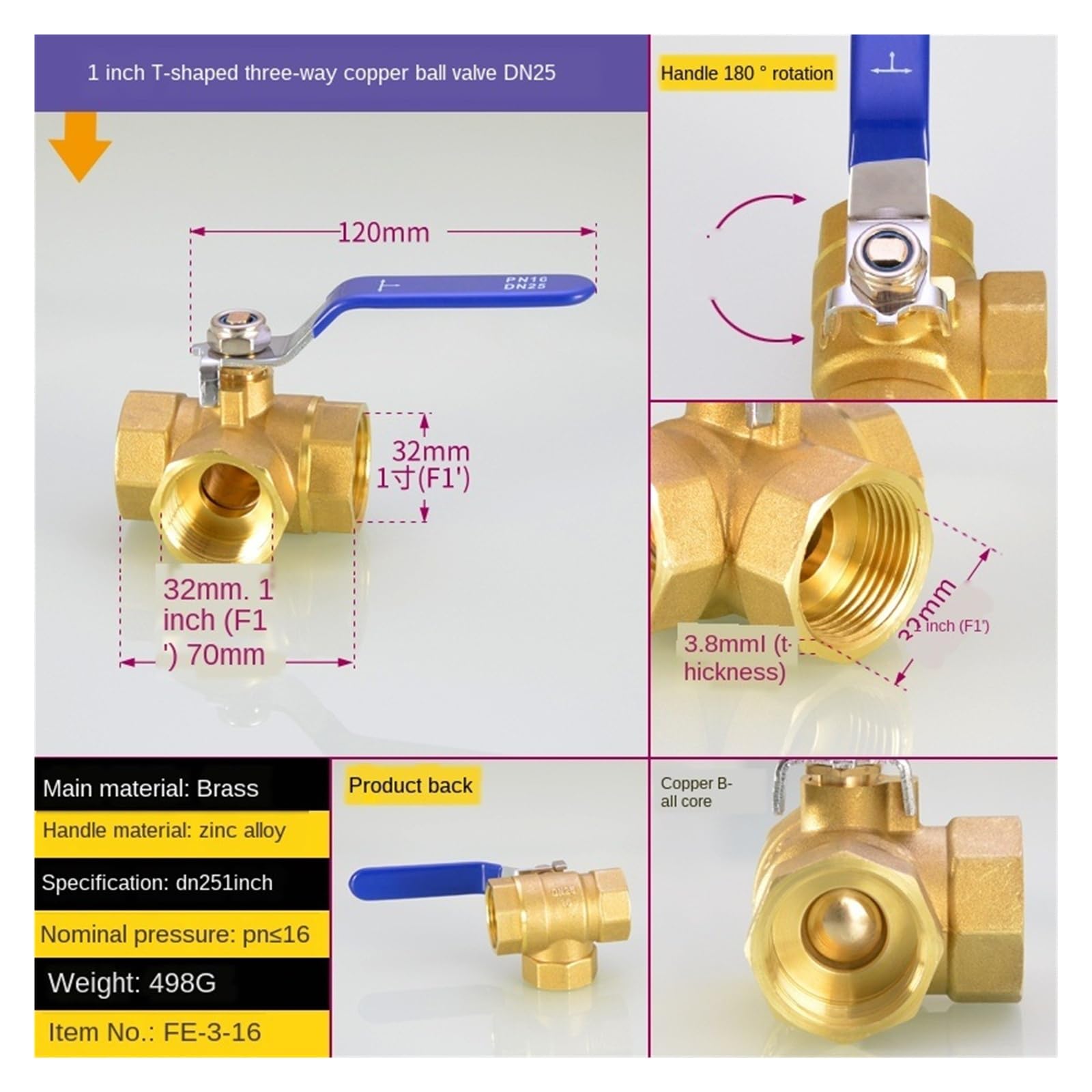 Miedziany trójdrożny zawór kulowy 1/2 cala, typ T, typ L, 1/4", 3/8", 3/4", 1 cala, przełącznik wewnętrznego zaworu drutowego, uszczelka grzewcza węża wodnego (T-1 IN- DN25)