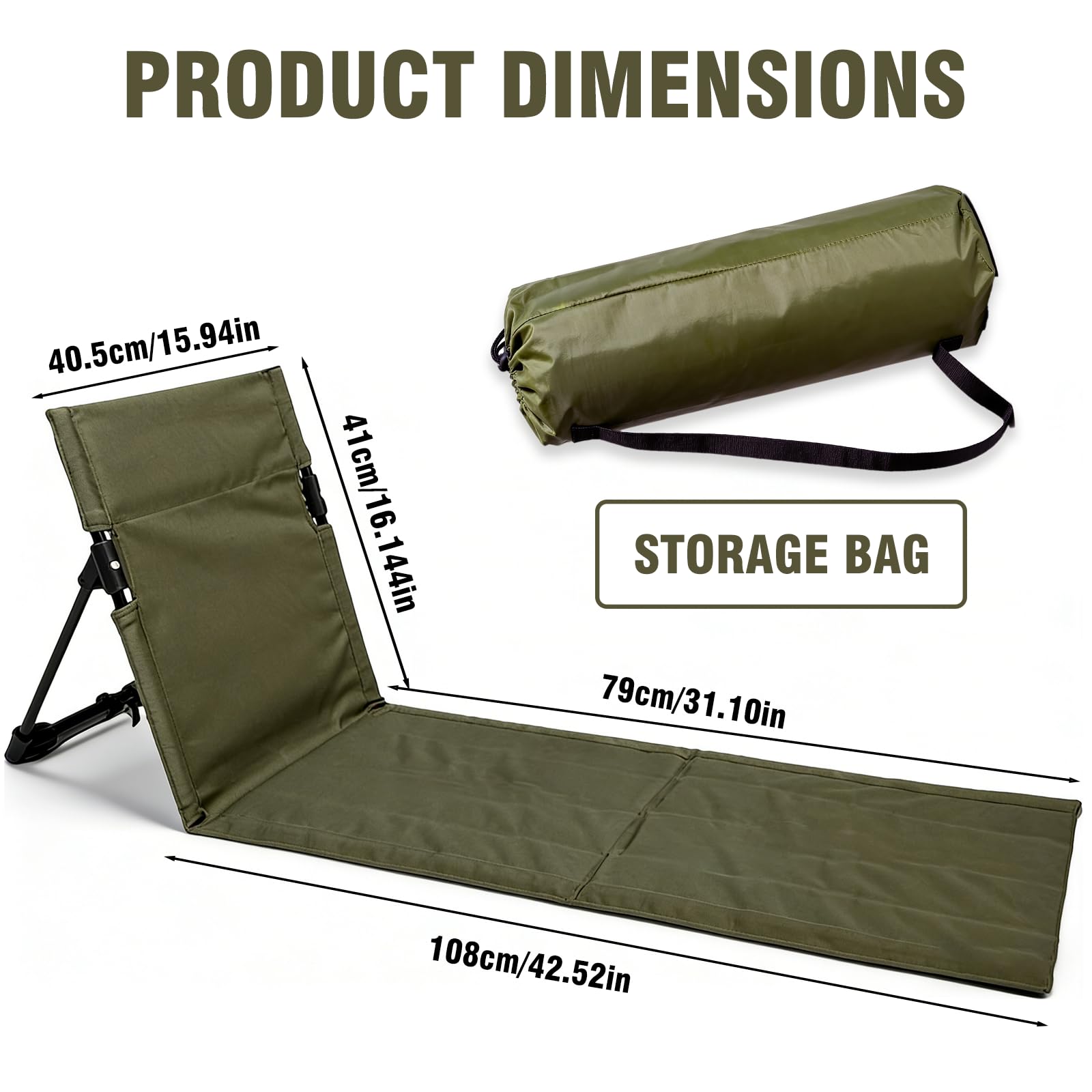 Sitzunterlage Outdoor mit Rückenlehne, Strandmatte Klappbar Leicht, Bodenstuhl Outdoor & Stadion Sitzkissen, Faltbare Liegematte für Strand, Camping, Picknick, Garten (Grün-108×40,5×41cm)
