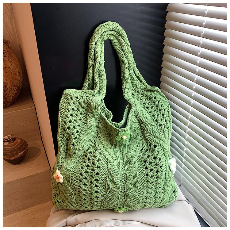 Women Wool Knitting Shoulder Bag with Flower Knitted Tote Handbag Large Capacity Aesthetic Tote Handbag4