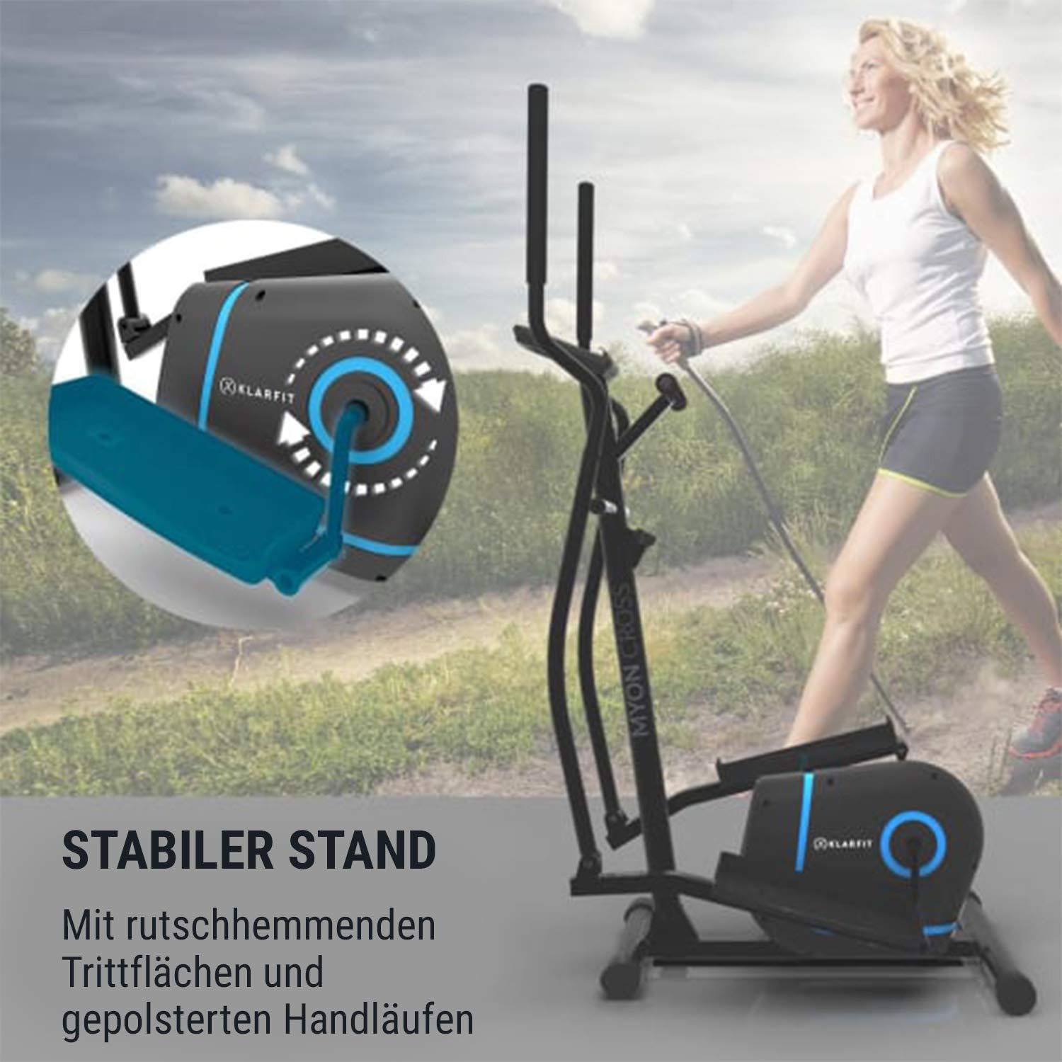 Klarfit Myon Cross – Ellipsentrainer für zu Hause, klappbar, zertifizierter Rahmen, Schwungrad 12 kg, magnetisches Bremsen, Tablet-Halterung, Riemenantrieb, Impulssensor