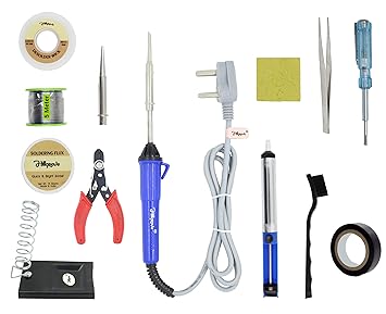 Hillgrove 13in1 Basic Complete 25W Soldering Iron Kit with 5 Meter Solder Wire, ESD Brush, Scrub, Pump, Cutter, Tester, Tweezer, Tape, Bit, Flux 25 W Simple (Flat, Pointed Tip)