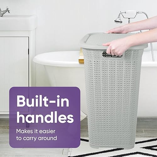 Miniatura 7 de Cesta de lavandería de plástico con tapa, cesta de lavandería de diseño de punto, organizador de paños de humo blanco de 50 litros con asas