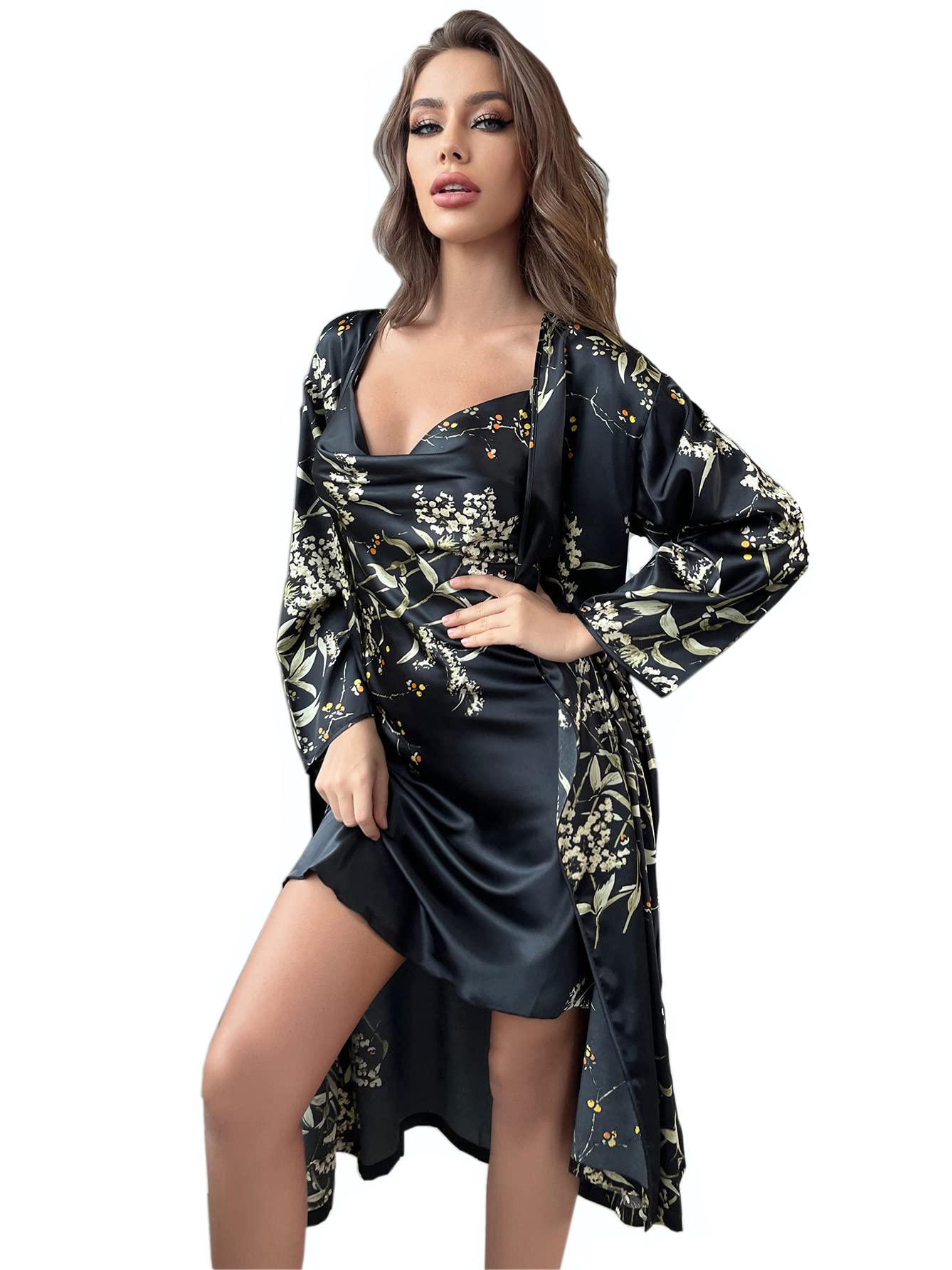 Women's Black Nightdress And Robe Set For Floral Nightdress Soft Kimono Robe Satin Bathrobe Pyjama Set Cami Sleepwear, Xl