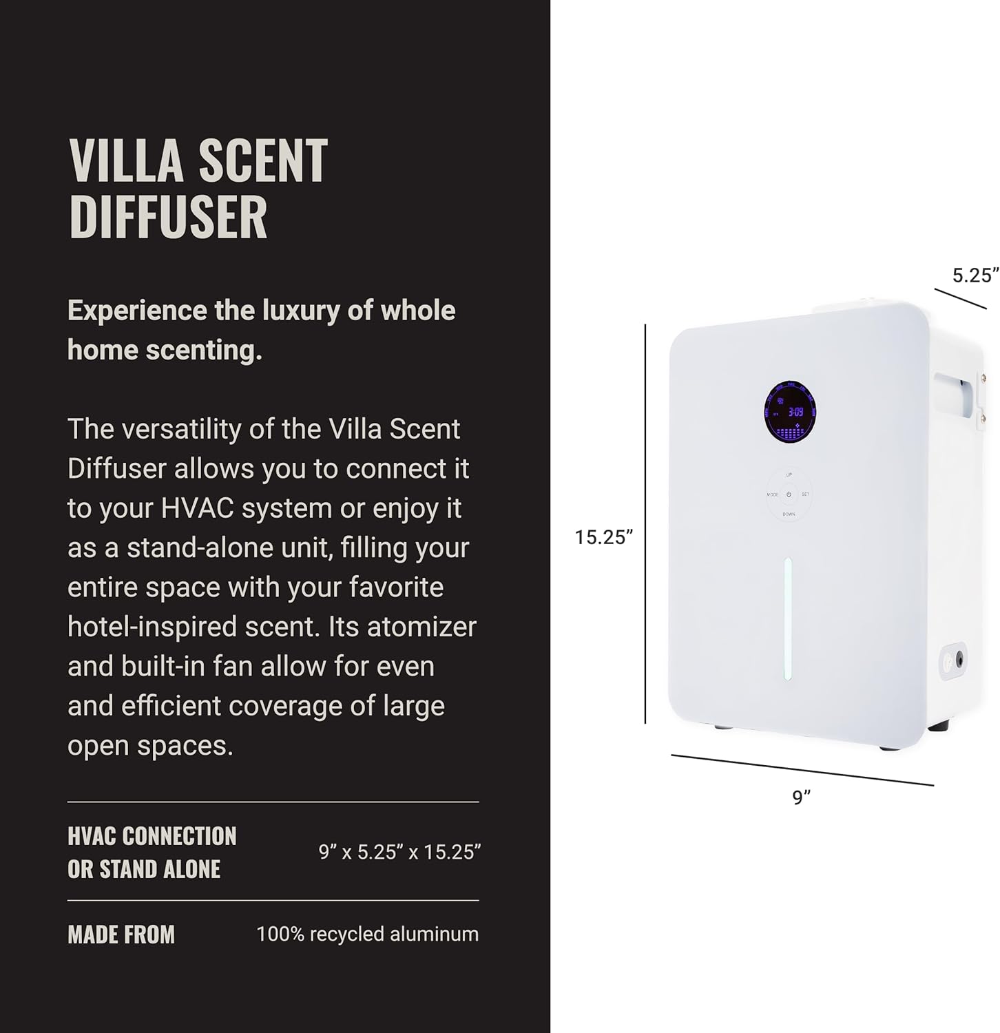 Hotel Collection Villa Scent Diffuser with dimensions: 9 inches L x 5.25 inches W x 15.25 inches H