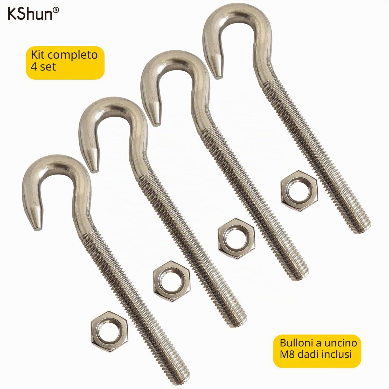 KShun Kit di bulloni a gancio M8 resistenti, 4 set con dadi, in acciaio inox 304 (A2-70), capacità di carico 250 kg, lunghezza 93 mm, per recinzioni da giardino, progetti strutturali e esterni