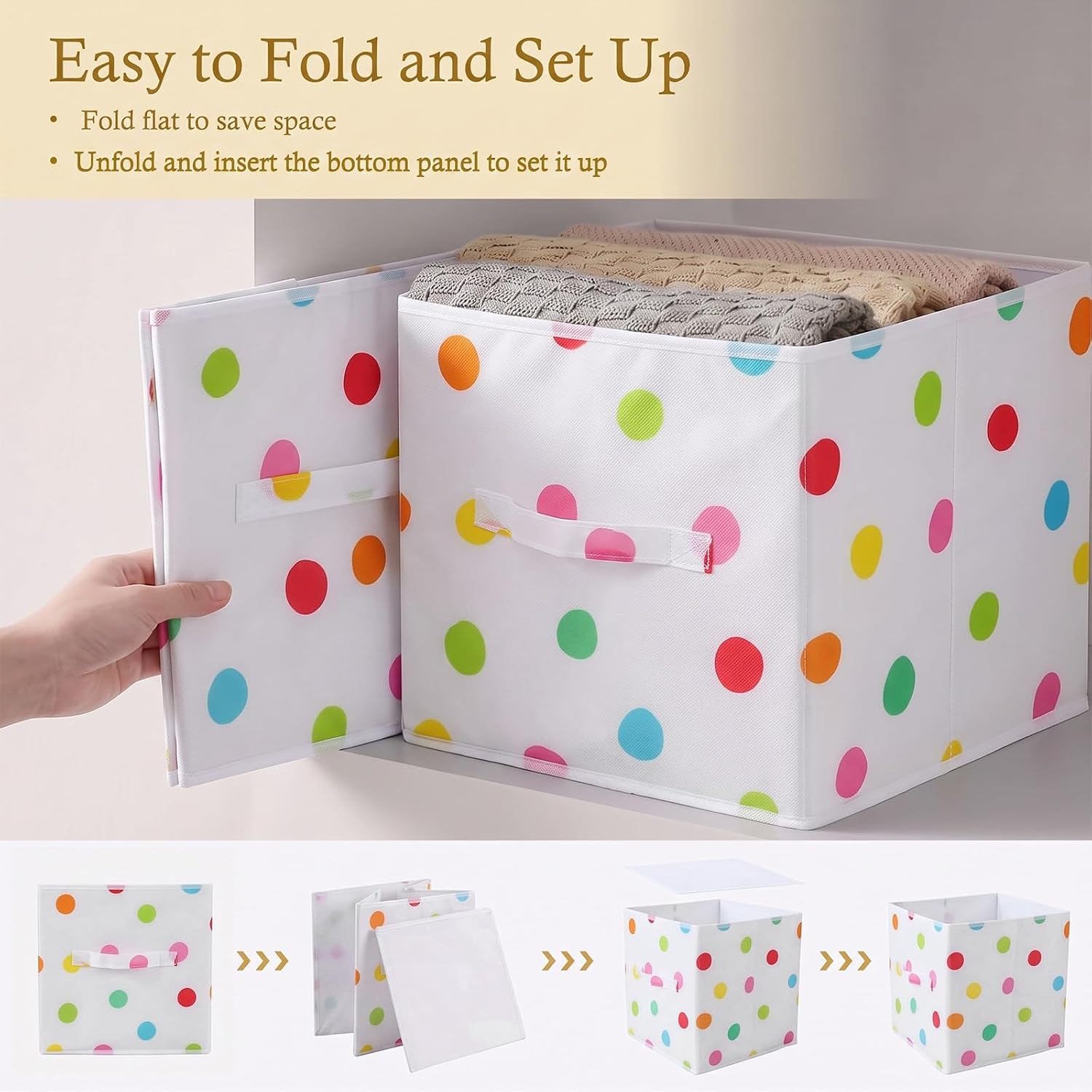 6 Pcs 11 Inch Colorful Dots Cube Storage Bins Collapsible Storage Organizer with Handles Fabric Container Baskets for Closet Clothes Toys Book Room Home Organization image 3