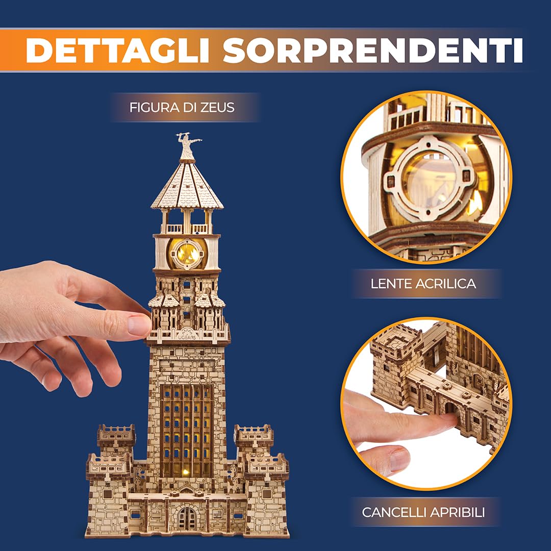 Ugears Faro di Alessandria 3D Puzzle - Kit Fai Da Te per Adulti 3D Puzzle in Legno per Adulti con LED Notturno - Kit di Modelli da Costruire Artigianato Puzzle in Legno Regalo Perfetto - 340 Pezzi