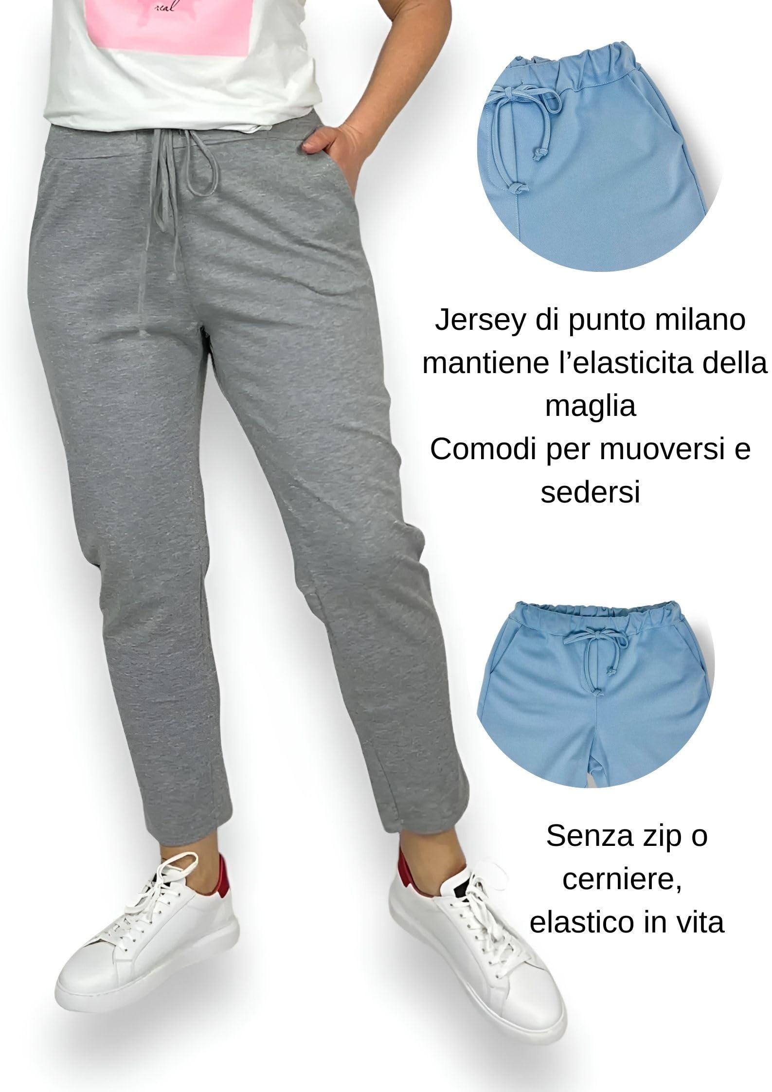 Pantalon Chino Femme Élastique à Cigarette Taille Haute Joggers Femme Punto Milano Élégant Casual Slim Fit Jeggins avec Poches, gris clair (ral 7035), S