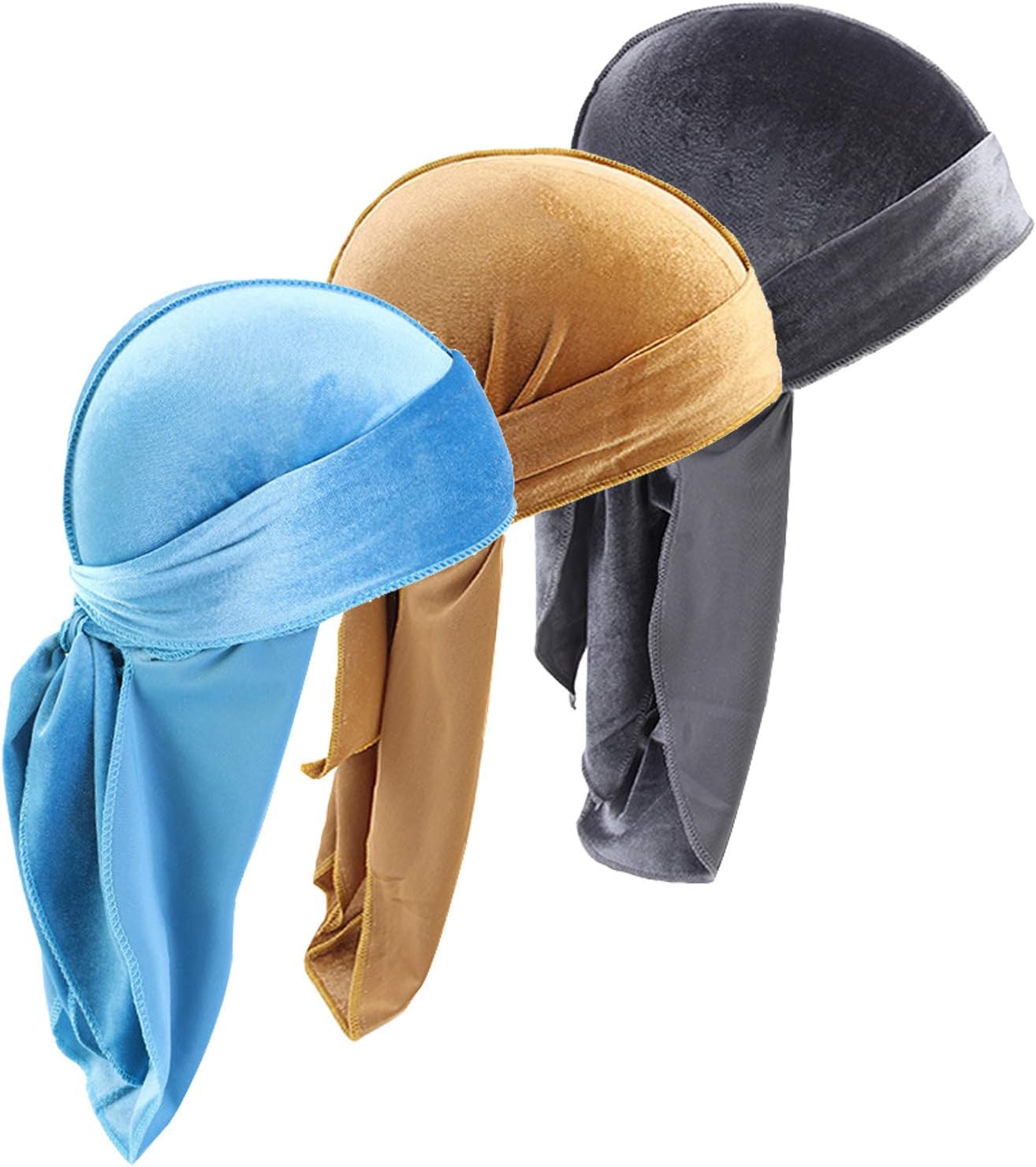 Durags Doo Rag Dew Rags for Men 360 Waves 3Pack Velvet Durags Headwear Skull Hat Headwraps for Men Women, 4c, One Size