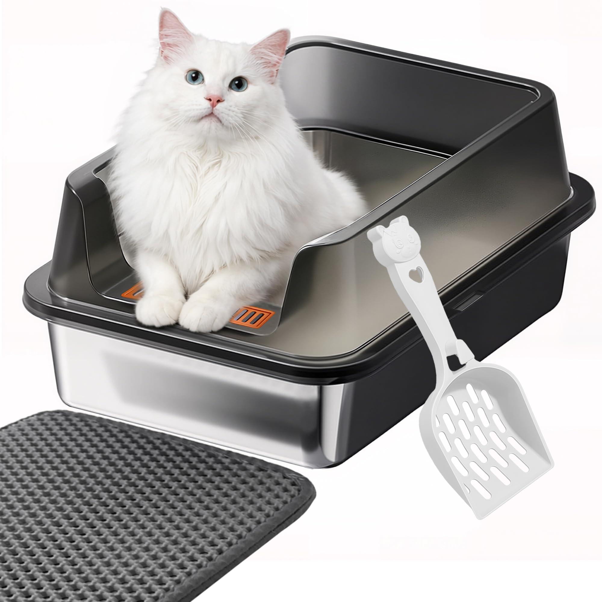 Stainless Steel Cat Litter Box, XL High Sided Metal Litter Pan 23.6" x 15.7" x 7.9", Odor Resistant Easy Clean, Includes Litter Mat & Scoop for Large Cats