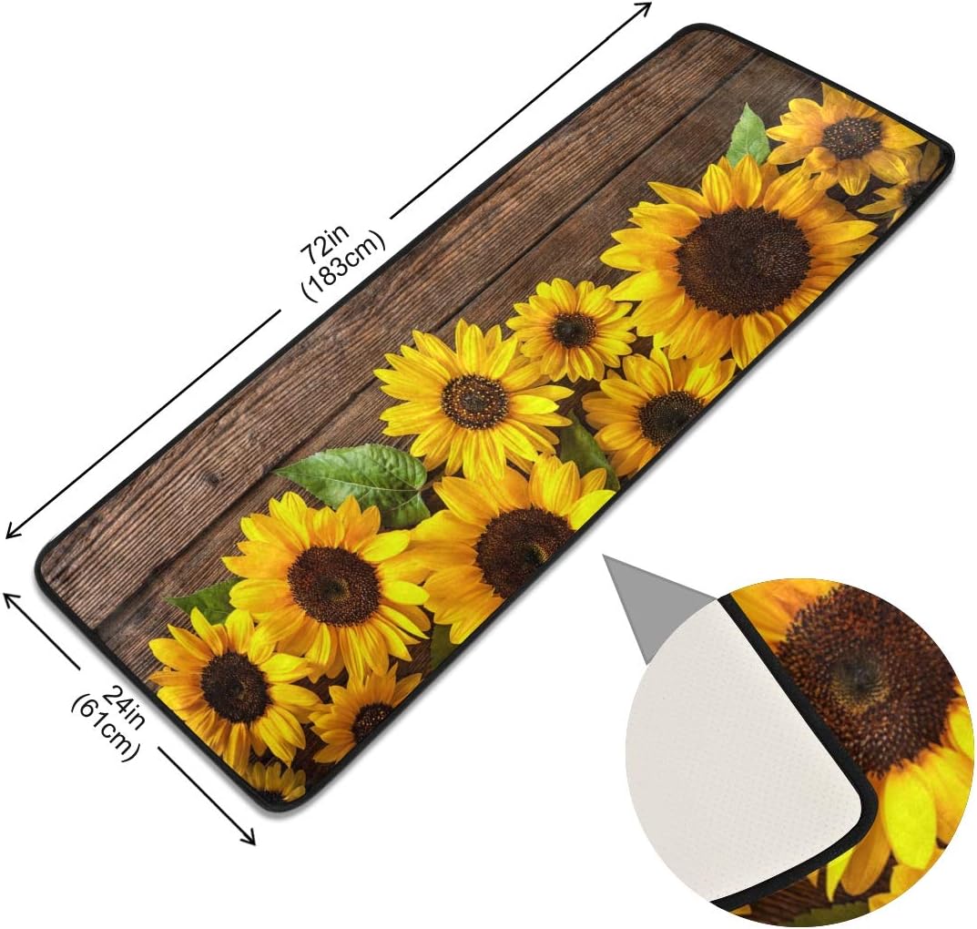 Sunflower Wood Board Retro Runner Rug Floor Mat Non-Slip Kitchen Rug Soft Area Rug Doormats Bath Carpet for Bathroom Entryway Hallway Dining Living Room