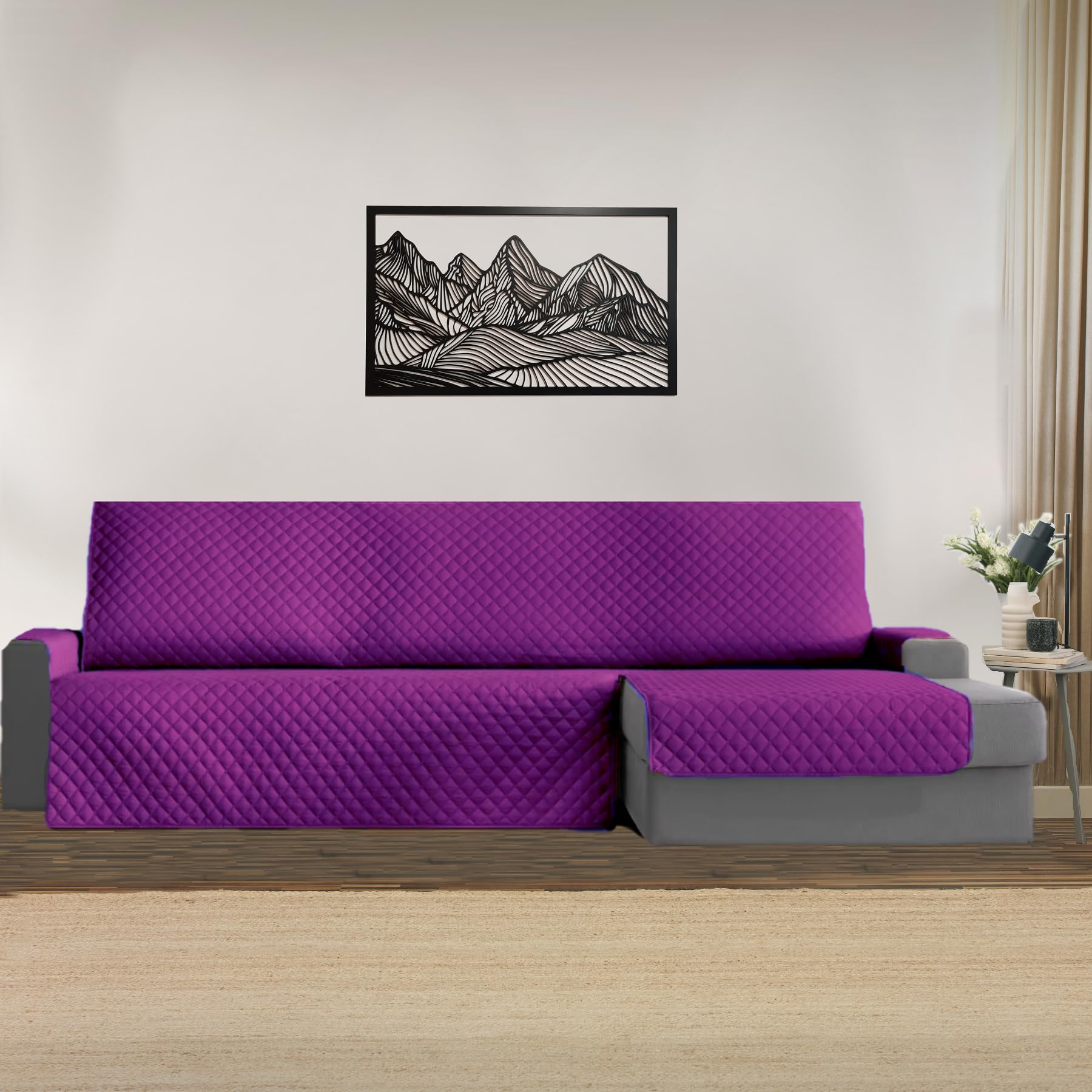 Funda Chaise Longue Brazo Izquierdo 240cm, Cubre Sofá Ajustable y Lavable, Protector Antimanchas y Resistente, Ideal para Mascotas, Diseño Moderno y Cómodo para el Hogar (Morado/Gris)