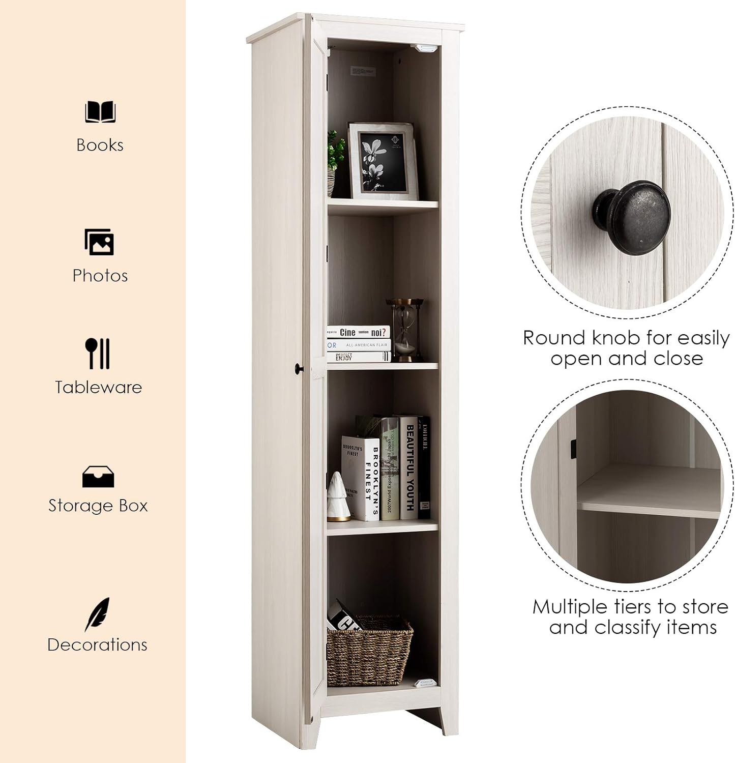 Giantex Tall Storage Cabinet Freestanding Floor Storage Tower with Four Shelves and Single Door, 17x16x72 Inch, Narrow Utility Cabinet for Living Room, Bathroom (Grayish White) - Image 6