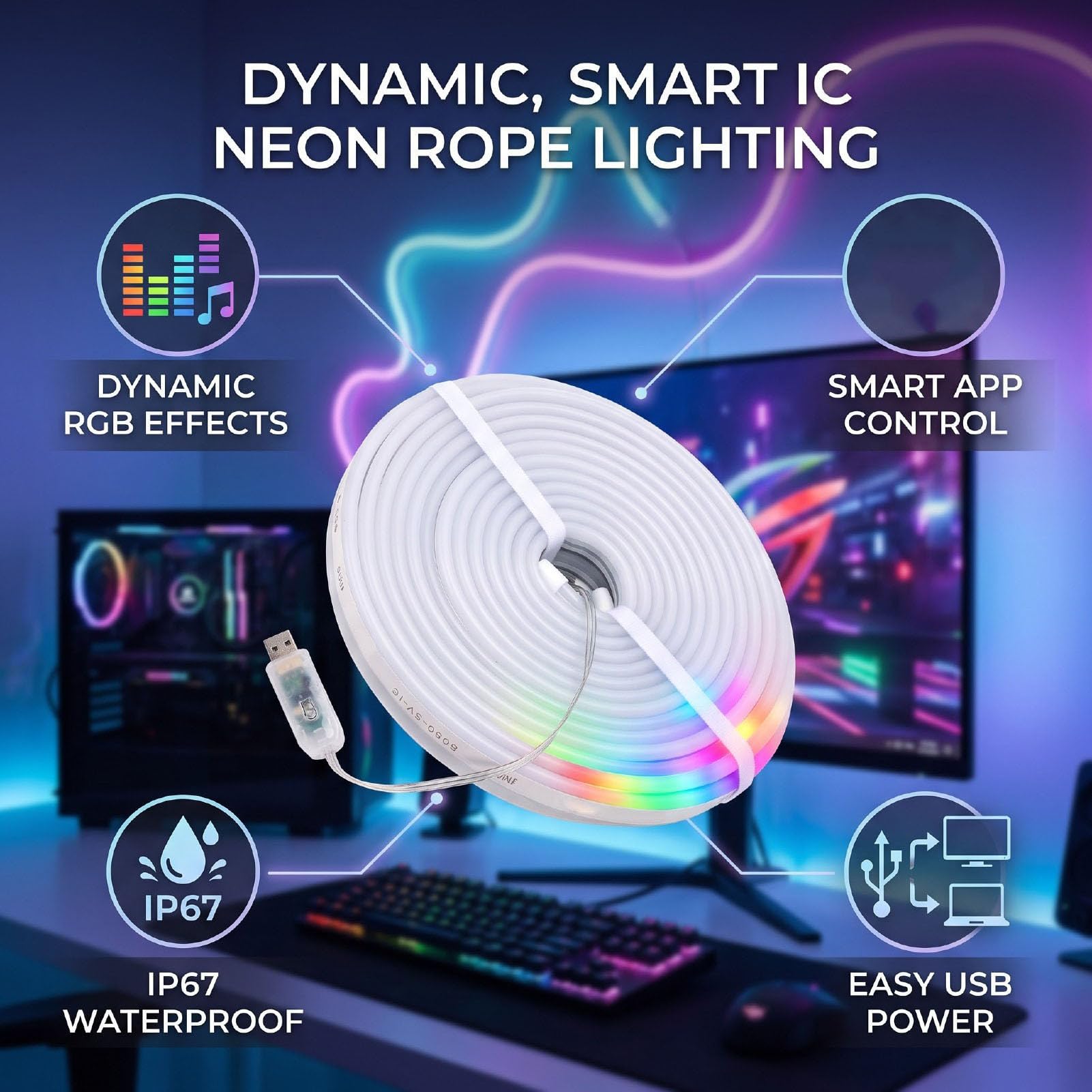Fafeicy Luces de Cuerda de Neón LED RGB, Tira Impermeable USB | Control Direccionable IC Inteligente, Función de Operación Remota de Aplicación, Construcción de Tubo de Silicona IP67,