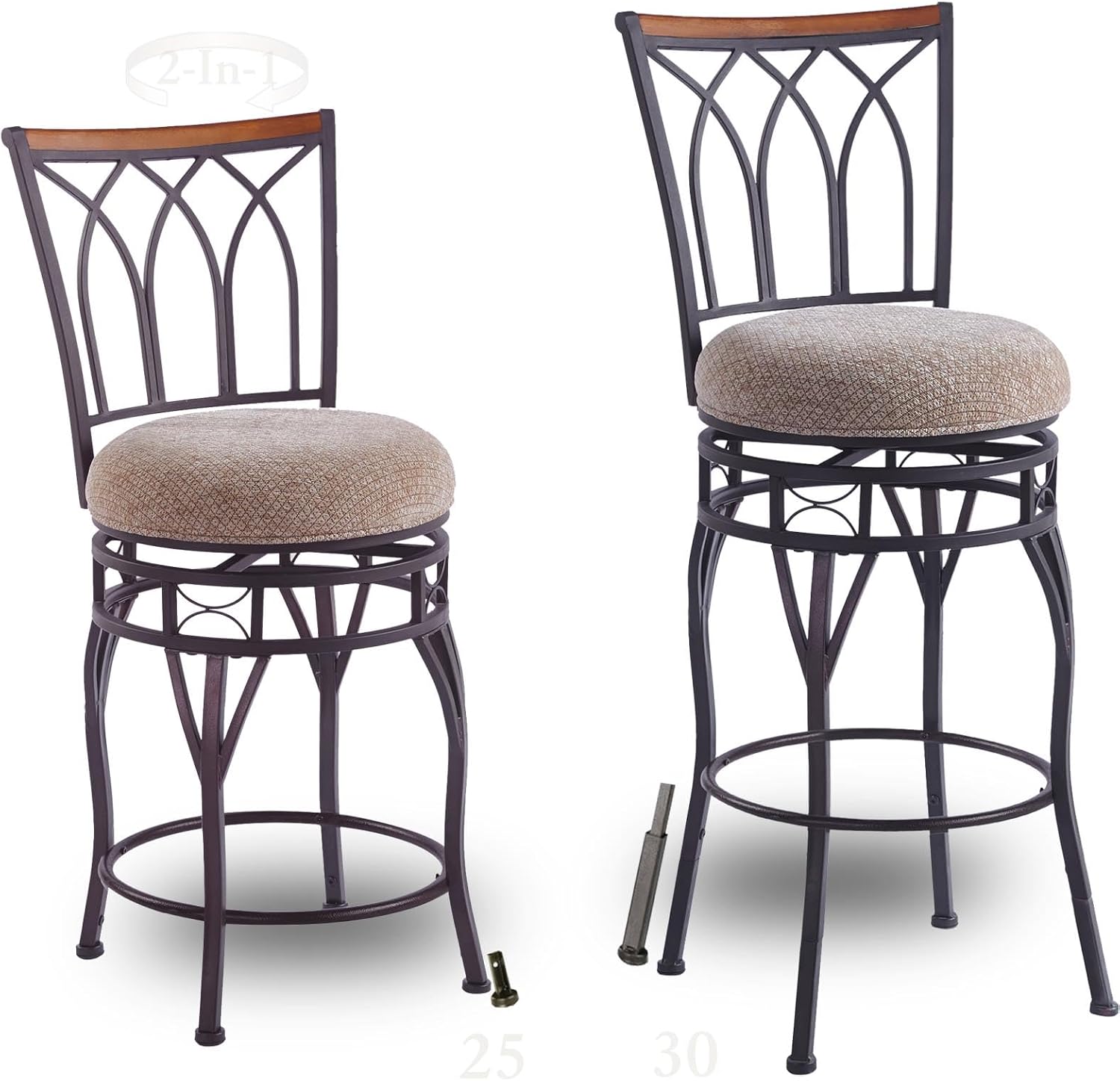 Farmhouse Swivel Bar Chairs Set of 2, Adjustable 25"/30" Industrial Counter & Bar Stools with Backs, Beige Fabric, Antique Brass Metal, Vintage Rustic Wood for Kitchen Island, Pub, Bistro