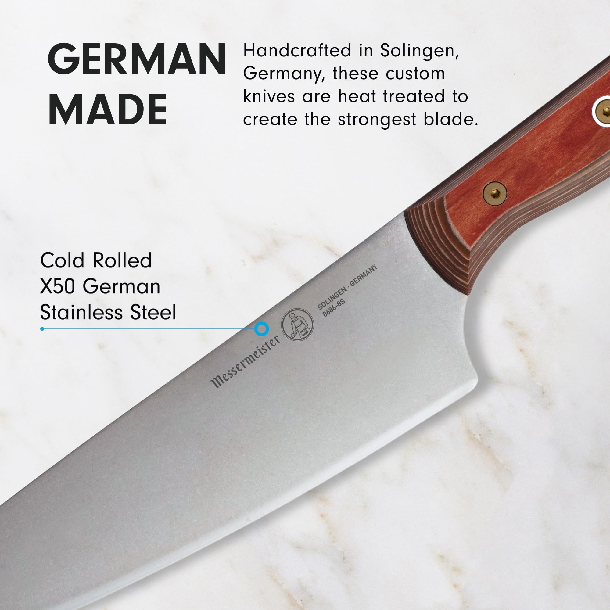 Messermeister Custom 8” Chef’s Knife, Terra Red - X50 German Stainless Steel - Rust Resistant & Easy to Maintain - Made in Solingen, Germany — Amazon image 5