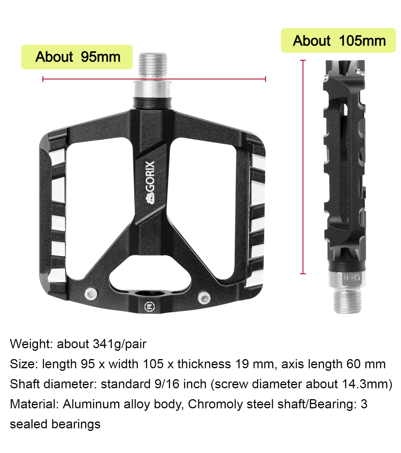 GORIX Bike Flat Pedals – Breite MTB Pedale, Ultraleicht (269 G), Mit Reflektor, Für Road & Mountainbike