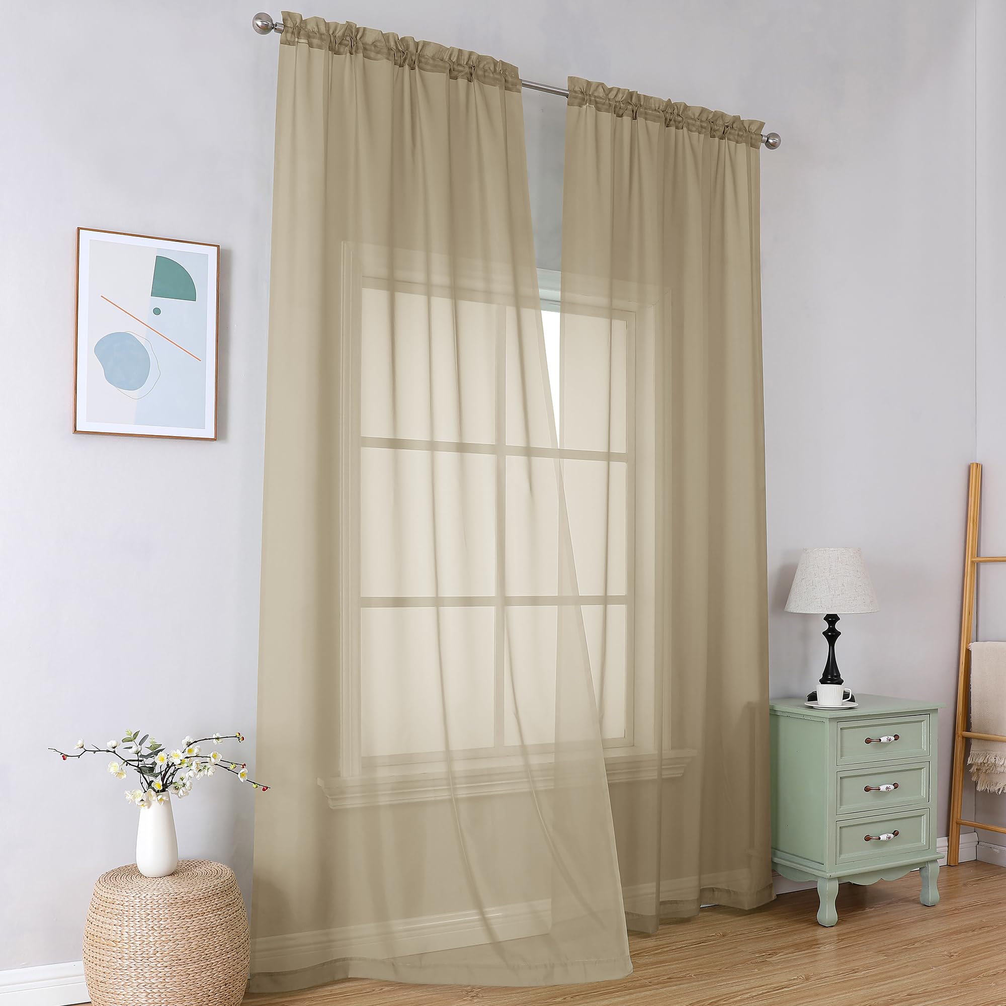 Simplebrand Taupe Sheer Curtains 96 Inches Long 2 Panels Light Filtering