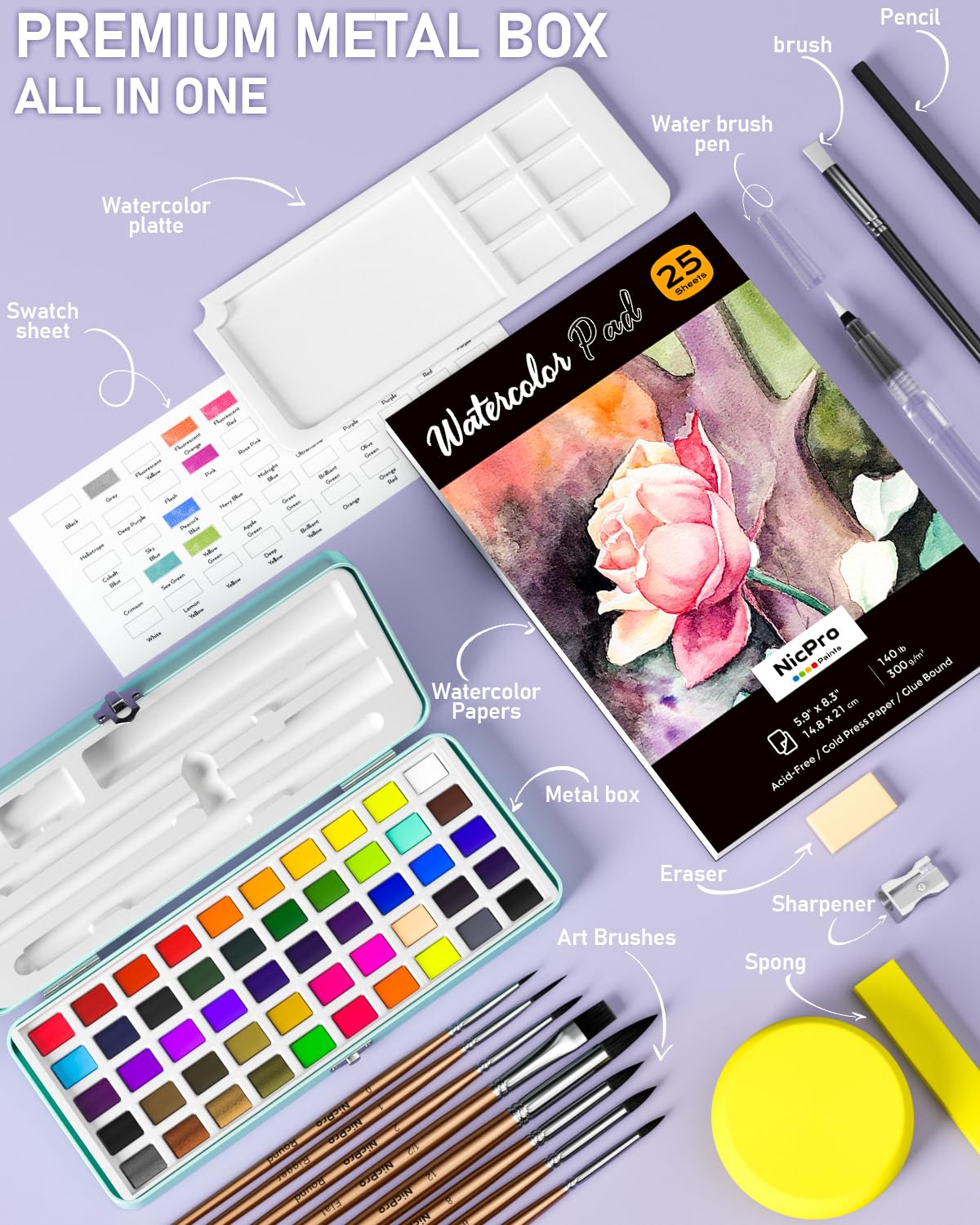 Nicpro 50 Farben Aquarellfarben Set, Inklusive Metallischer und Fluoreszierender, 8 Malpinsel, 25 Aquarellpapier, Palette, Aquarell Set für Künstler, Erwachsene, Anfänger, mit Geschenkbox
