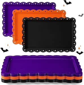 Meanplan 12 Pcs Halloween Plastic Serving Trays - Rectangular, Wavy Edge, 14.4 x 9.3 inches