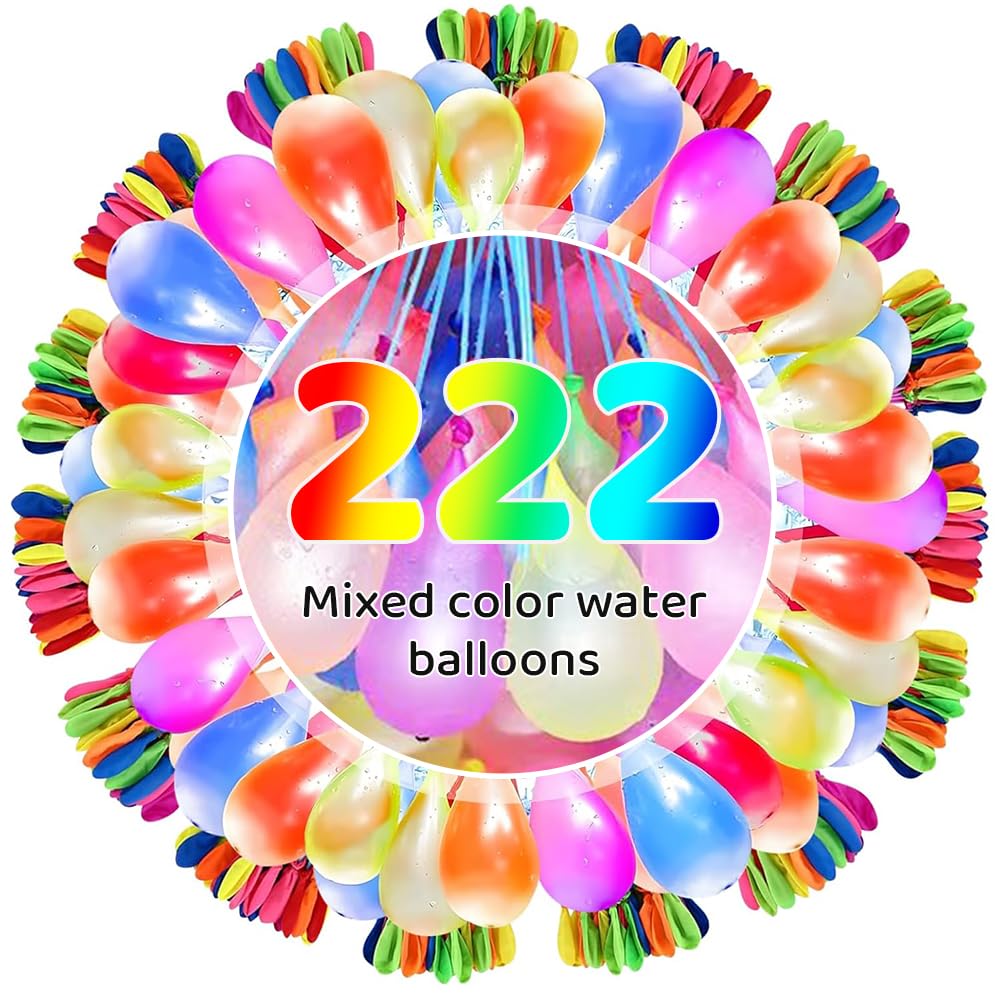 Water Balloons, 222 Pieces Quick-Fill Assorted Water Balloons with Hose Nozzle, Water Bombs Self Sealing Colorful Splash Water Balls for Family Garden Beach Swimming Pool Party -A — image 1