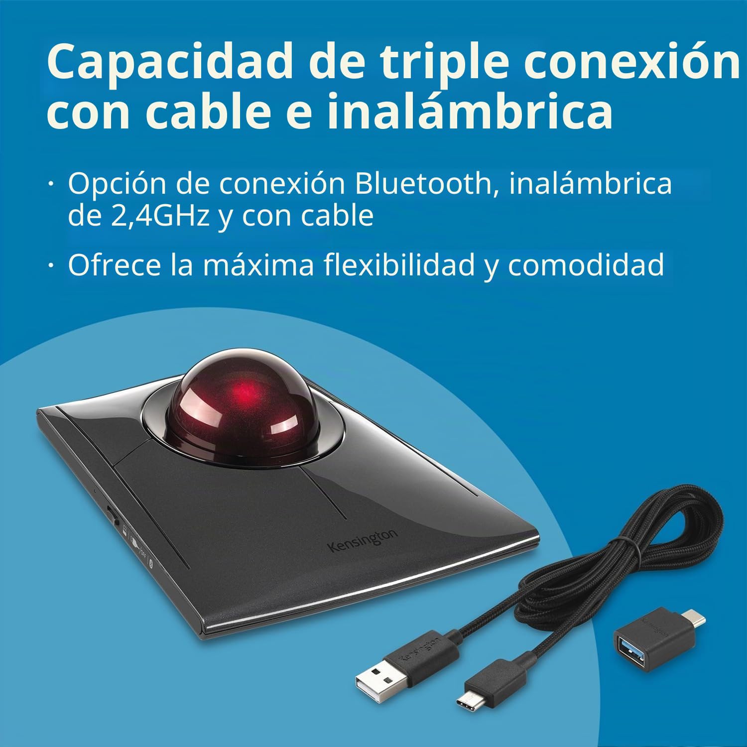 Kensington K72080WW - Trackball SlimBlade Pro, Ratón Ergonómico Inalámbrico con Bluetooth/Cable/Dongle, Recargable por USB con Duración de 4 Meses, Windows y macOS, Ambidiestros, Seguimiento Óptico | Batería recargable, Bluetooth y opciones de conexión de