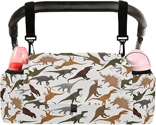 CUPADA Universal Baby Stroller Organizer Bag Retro Animal Dinosaurs, Stroller Organizers with Insulated Cup Holders White Background Detachable Shoulder Strap Storage Carrying Diaper and Snacks
