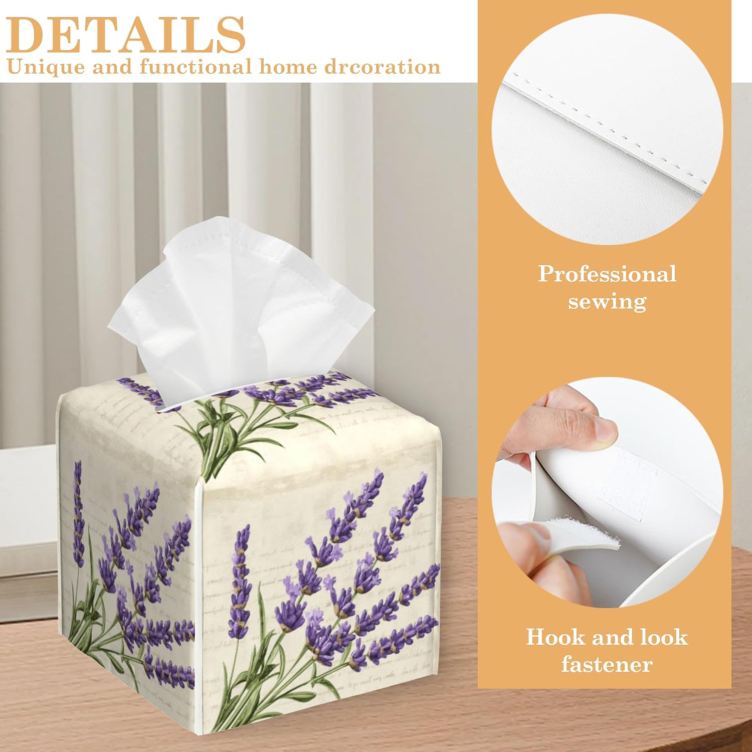 Vintage Lavender Tissue Box Cover Holder,Leather Tissue Case Holder Facial Paper Organizer Decorative for Tabletop Night Stands Desk Bathroom Kitchen Car Office Home Decor image 4