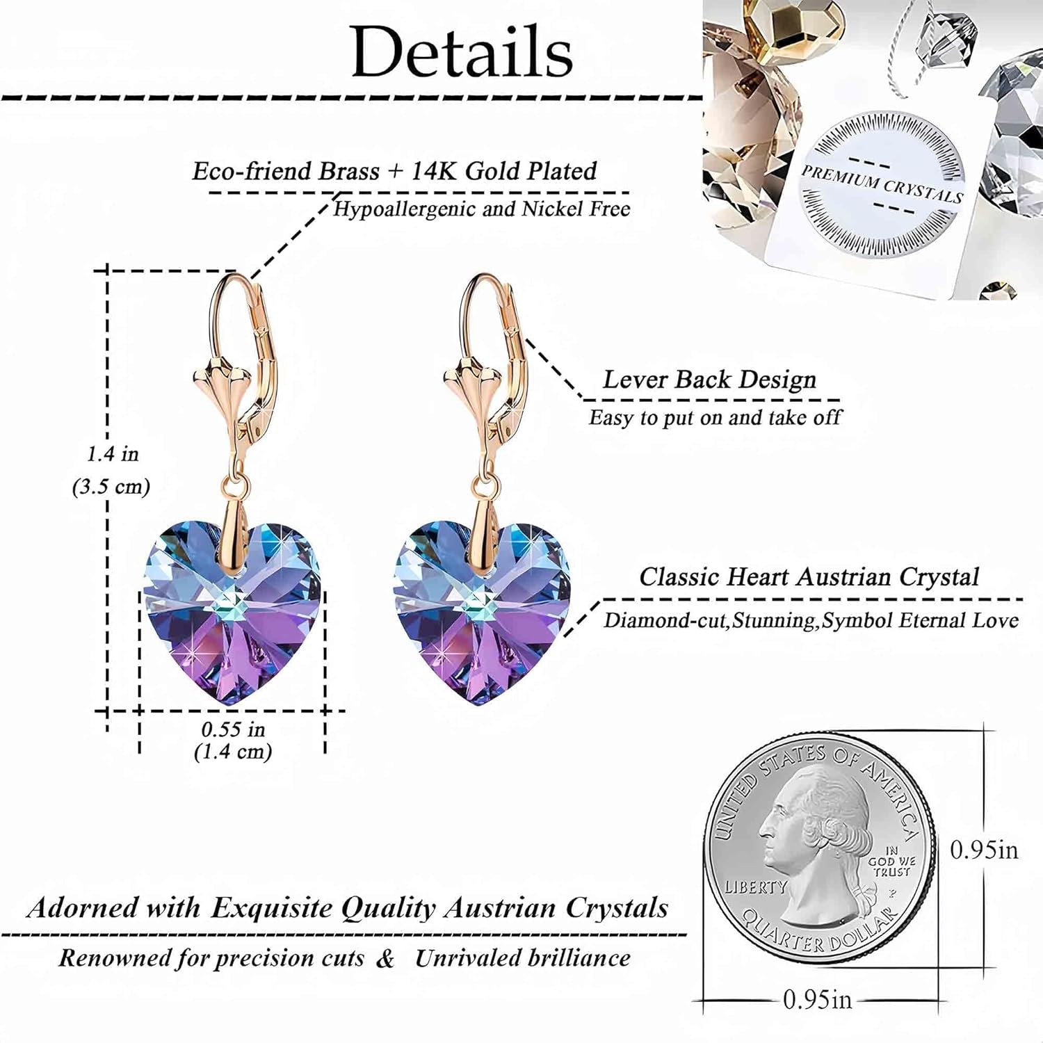 Austrian Crystal Heart Drop Leverback Earrings for Women Fashion Dangle Earring 14K Rose Gold Plated Hypoallergenic Jewelry - Image 4