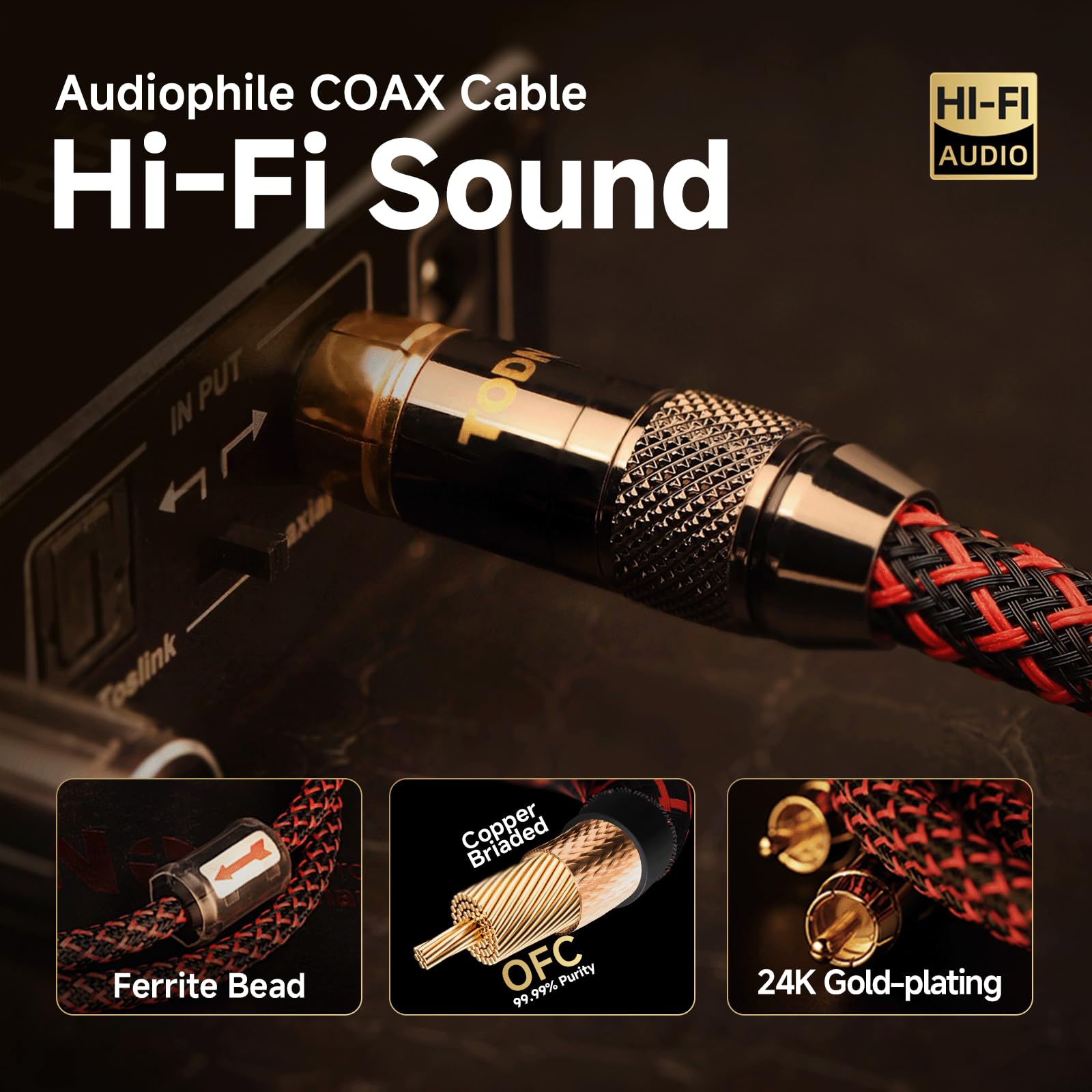 TODN Cyfrowy koncentryczny kabel audio HiFi do audiofilów 75 omów SPDIF Coax z rdzeniem OFC, podwójnie ekranowany, wtyczka pozłacana 24-karatowym złotem (1 m)