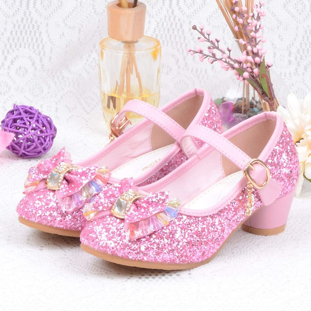 Baby Girl Sequin Bowknot Embellished Shoe Hook and Loop Splicing Metal Chain Sandal Thick Low Heel Princess Shoes