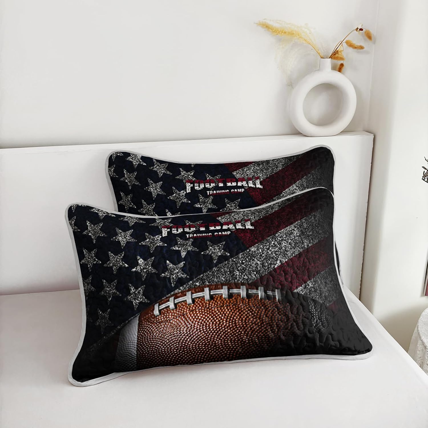 Football Quilt Set Queen for Boys,Vintage US Flag Bedspread,Stars Stripes Bed Coverlet for Teens Boys Girls Kids,3D America Football Rugby Sports Bedding Set with 2 Pillowcases,Lightweight